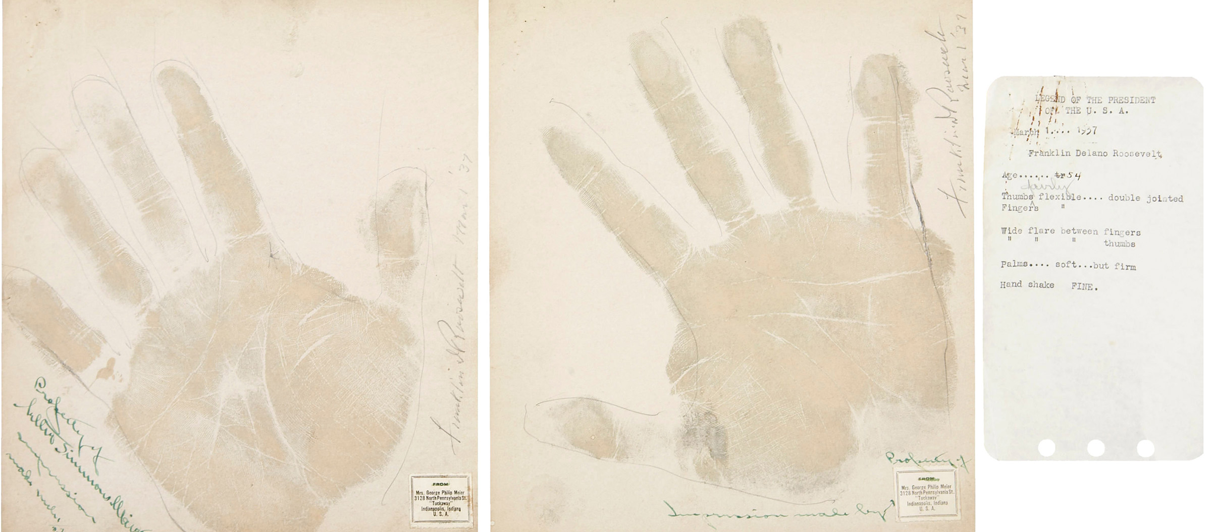 FDR's hand-print taken during a 1937 palm-reading session (Heritage Auctions)