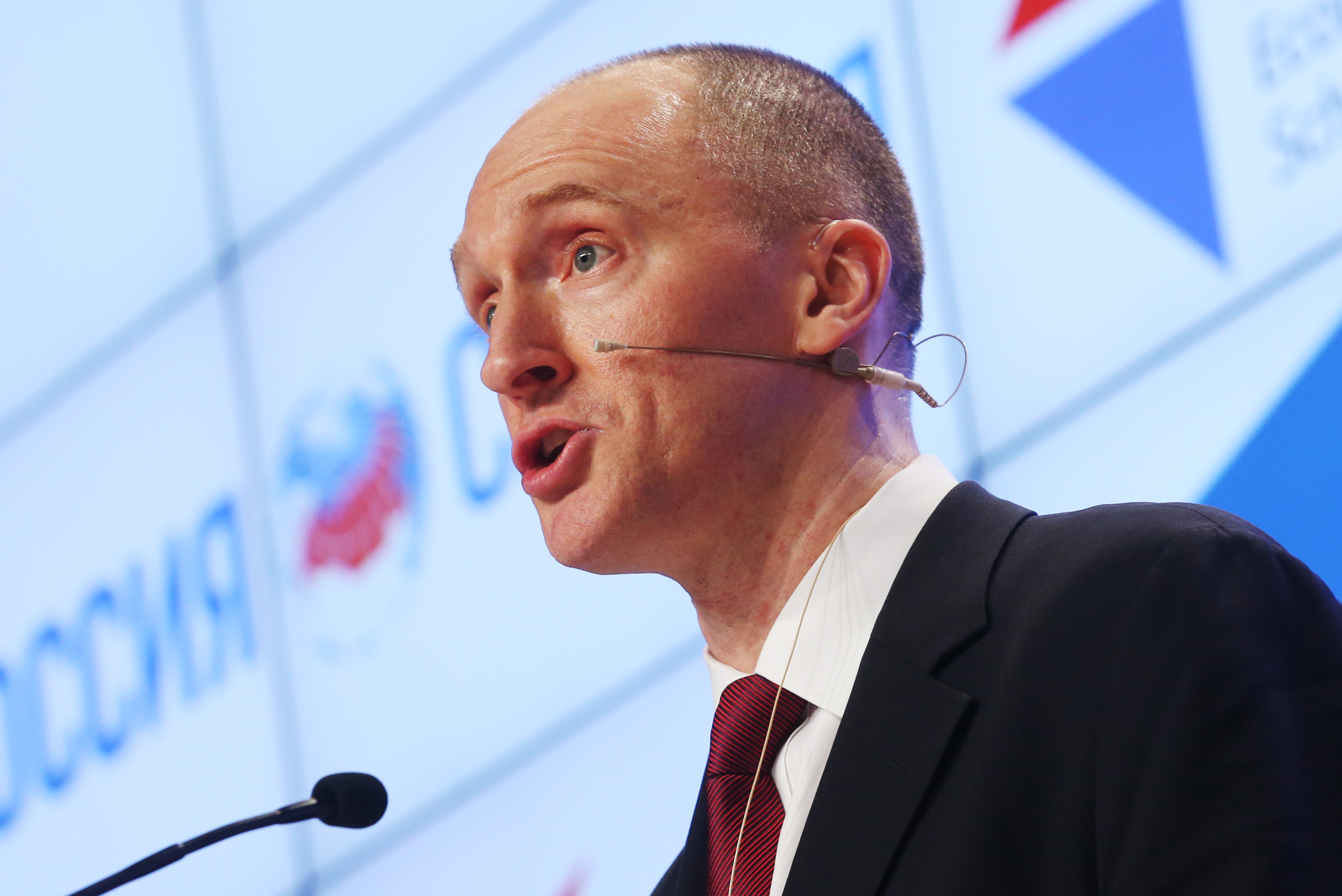 Carter Page makes a presentation during his visit to Moscow on Dec. 12, 2016. (Artyom Korotayev—TASS/Getty Images)