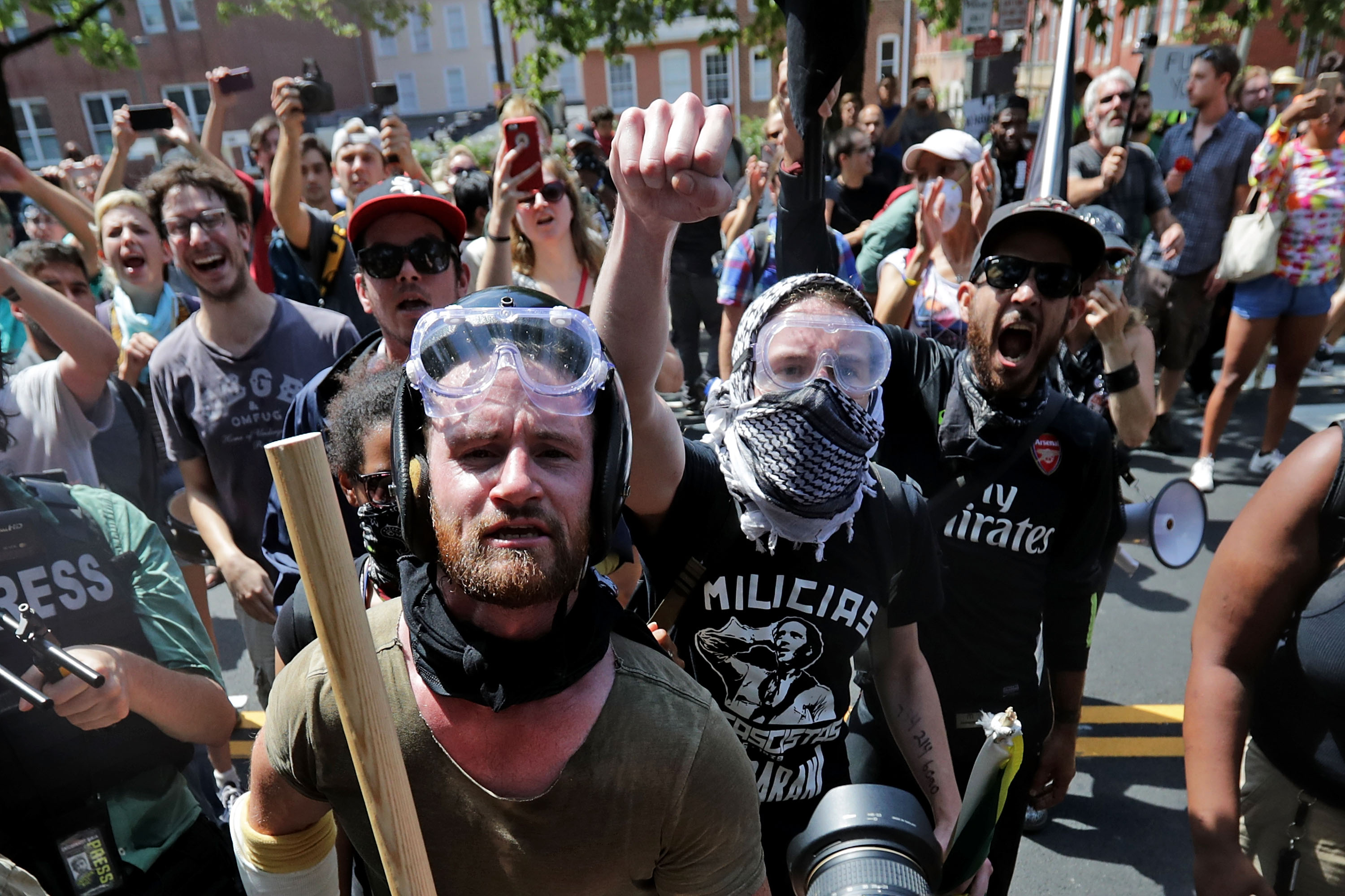 Anti-fascist counter-protesters wait outside Emancipation Park to hurl insluts as white nationalists, neo-Nazis and members of the "alt-right" are forced out after the "Unite the Right" rally was declared an unlawful gathering August 12, 2017 in Charlottesville, Virginia. (Chip Somodevilla—Getty Images)