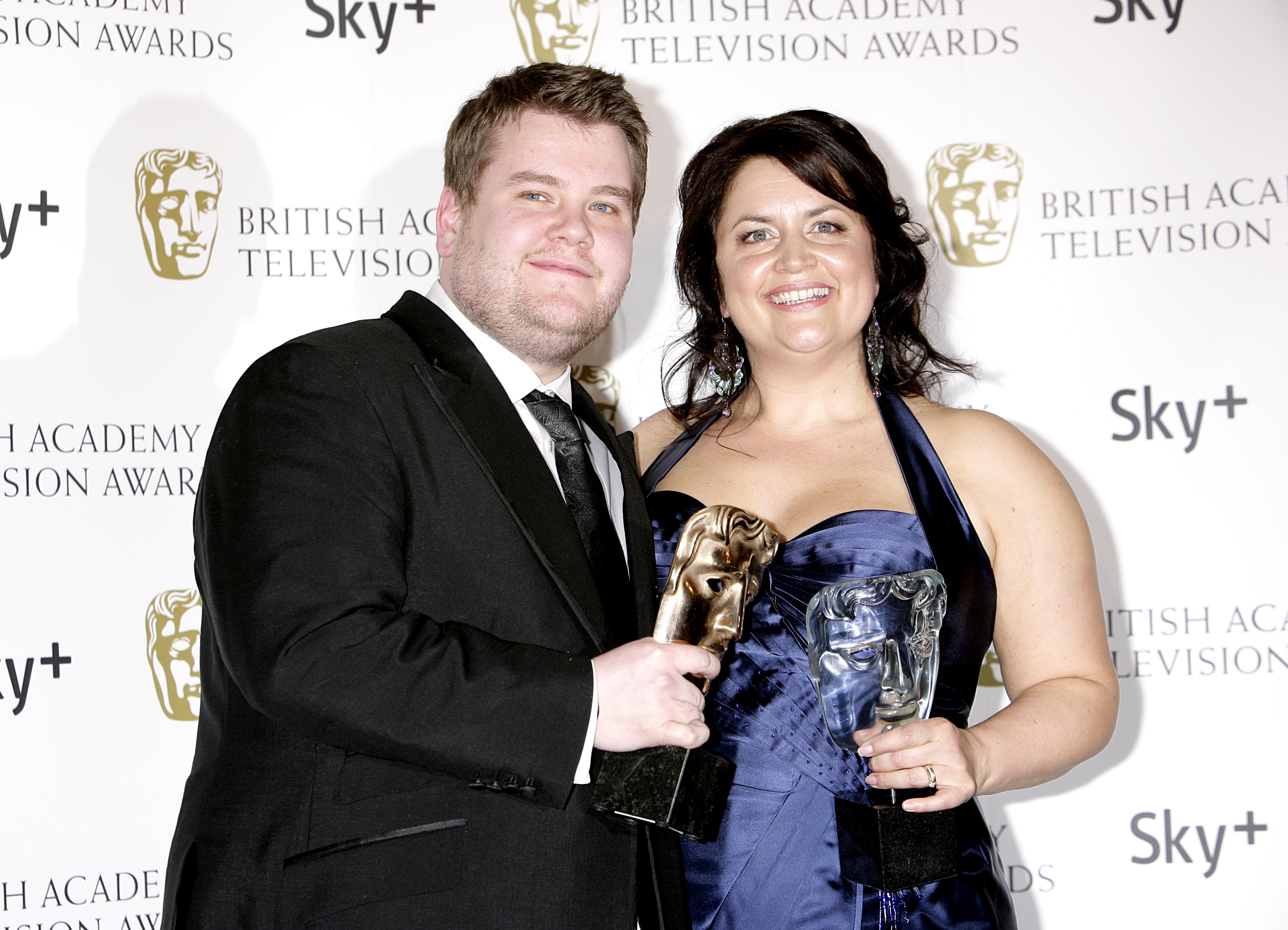 James Corden and Ruth Jones with the Programme of The Year award received for Gavin And Stacey at the British Academy Television Awards at the London Palladium in 2008. (Yui Mok - PA Images—PA Images via Getty Images)