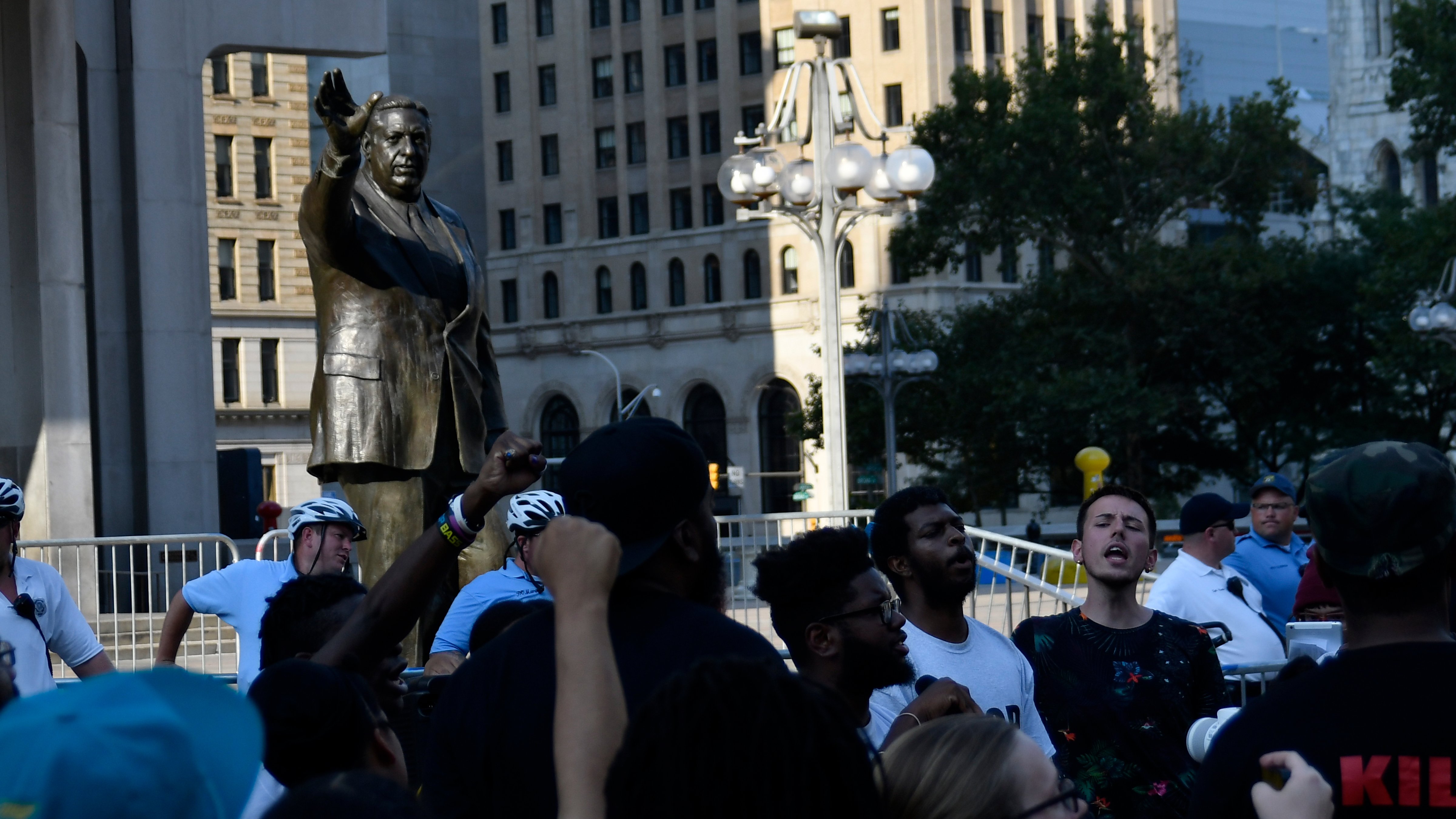 Protestors demand the removal of the Frank Rizzo statue, at a rally near City Hall, in Philadelphia, PA, on August 21, 2017. (Photograph by Bastiaan Slabbers—NurPhoto/Getty)