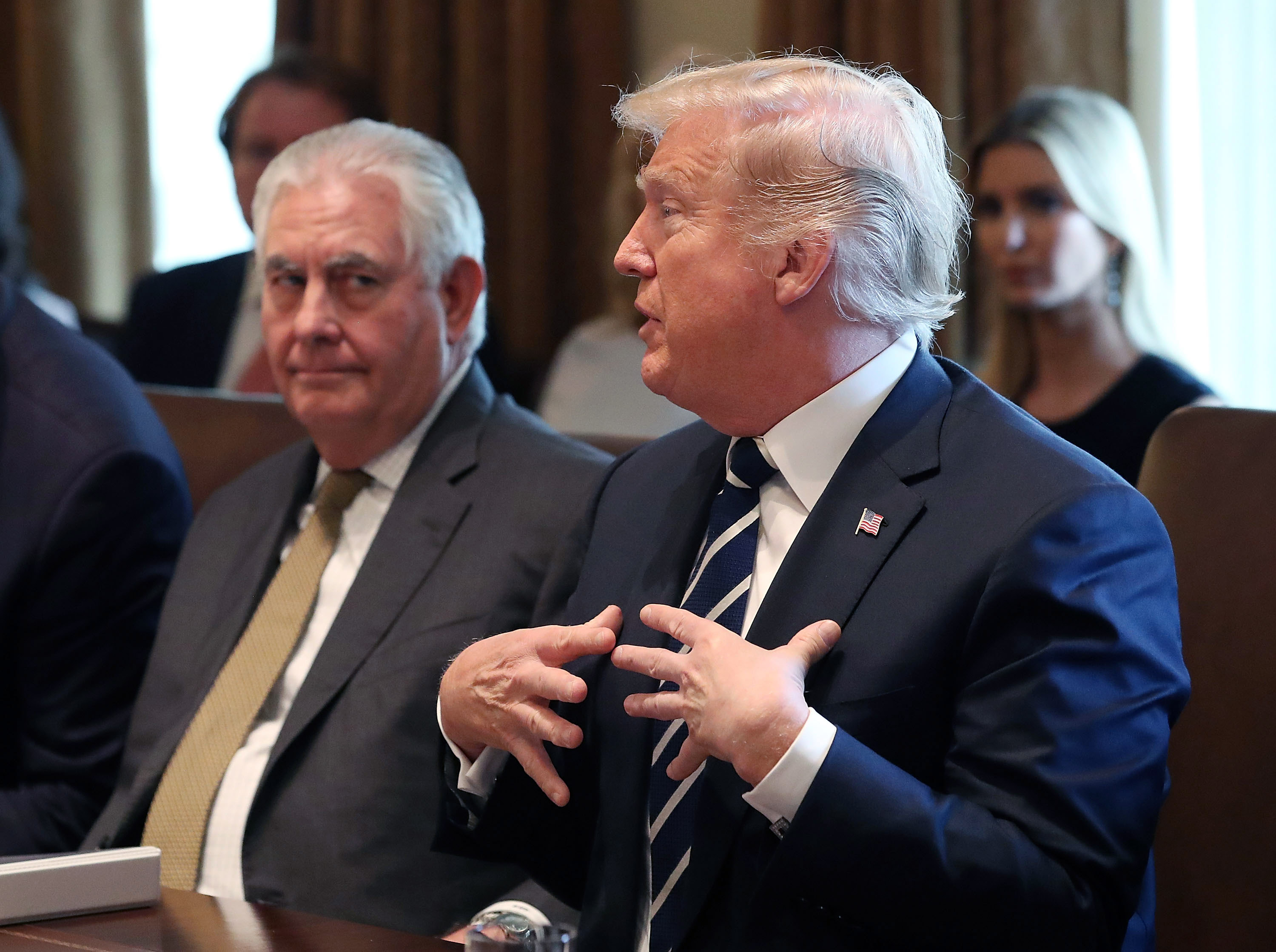 U.S. President Donald Trump, joined by U.S. Secretary of State Rex Tillerson on Oct. 16, 2017 in Washington D.C. (Mark Wilson—Getty Images)