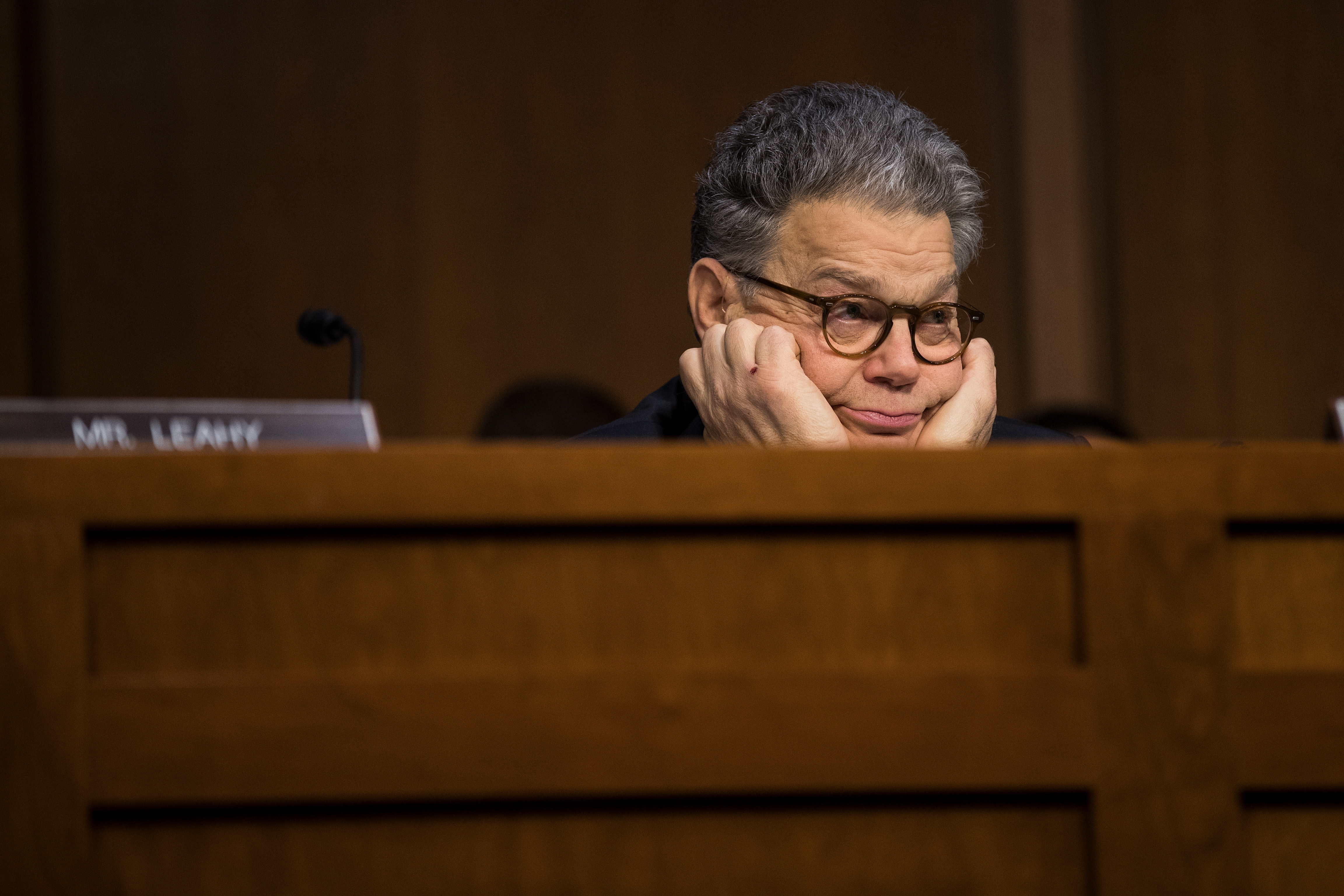 Sen. Al Franken (D-MN) listens during a Senate Judiciary Subcommittee on Crime and Terrorism 
                       on Capitol Hill, October 31, 2017 in Washington, DC. (Drew Angerer—Getty Images)