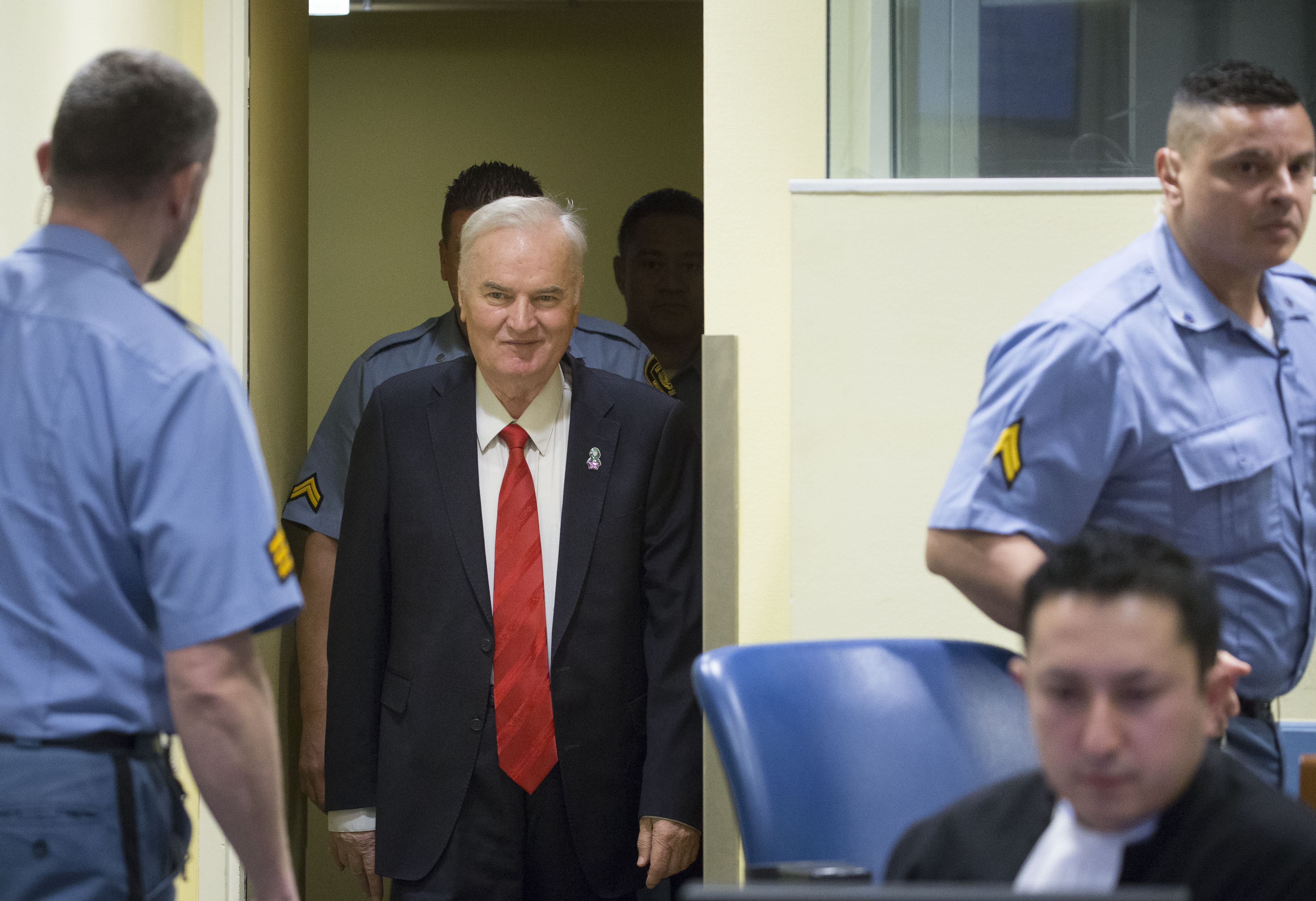 Former Bosnian military chief Ratko Mladic appears for the pronouncement of the Trial Judgement for the International Criminal Tribunal for the former Yugoslavia (ICTY). Mladic is dubbed the 