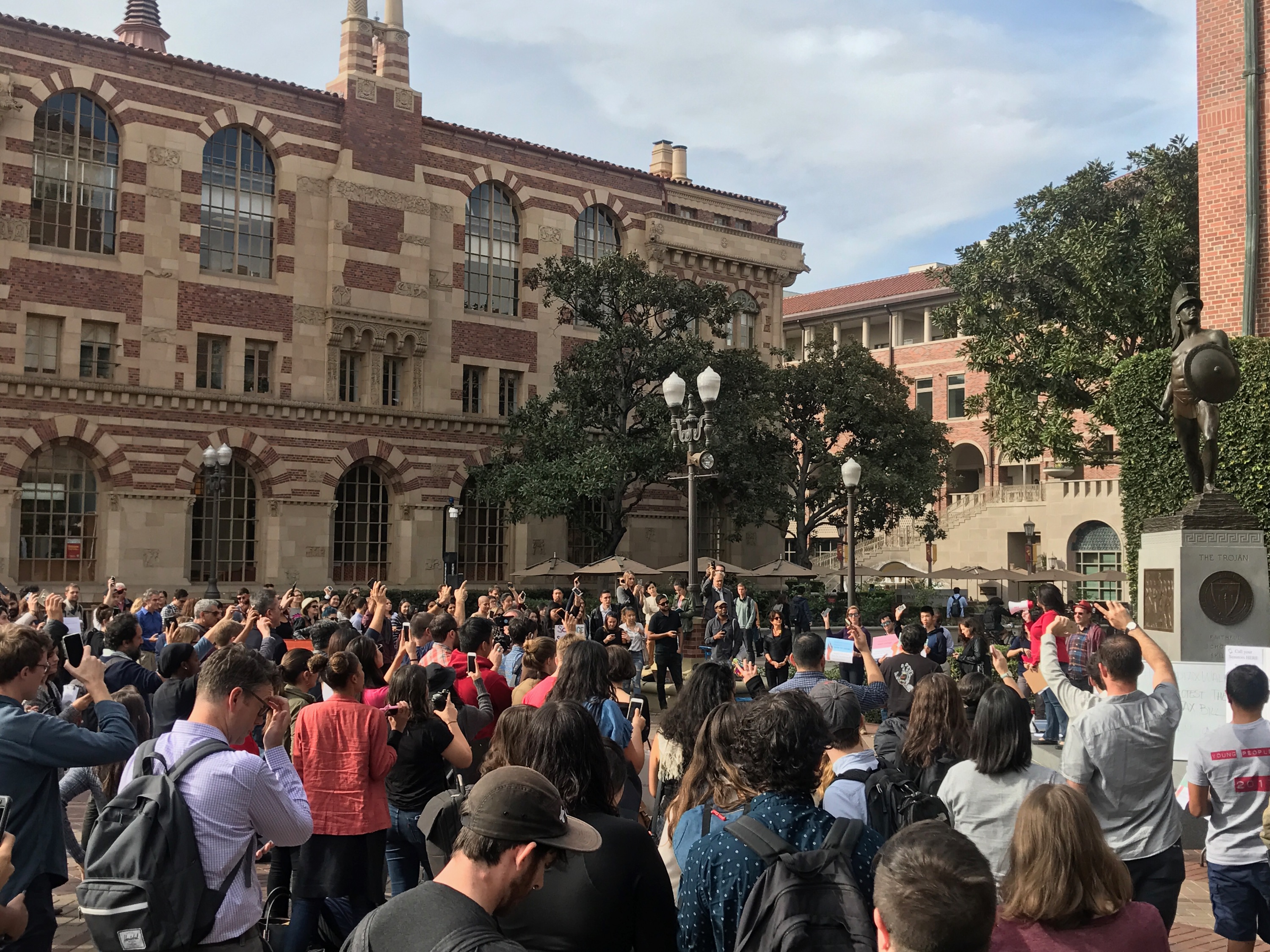 Students participate in a walk-out at the University of Southern California on Nov. 29, 2017. (Mona Khaled)
