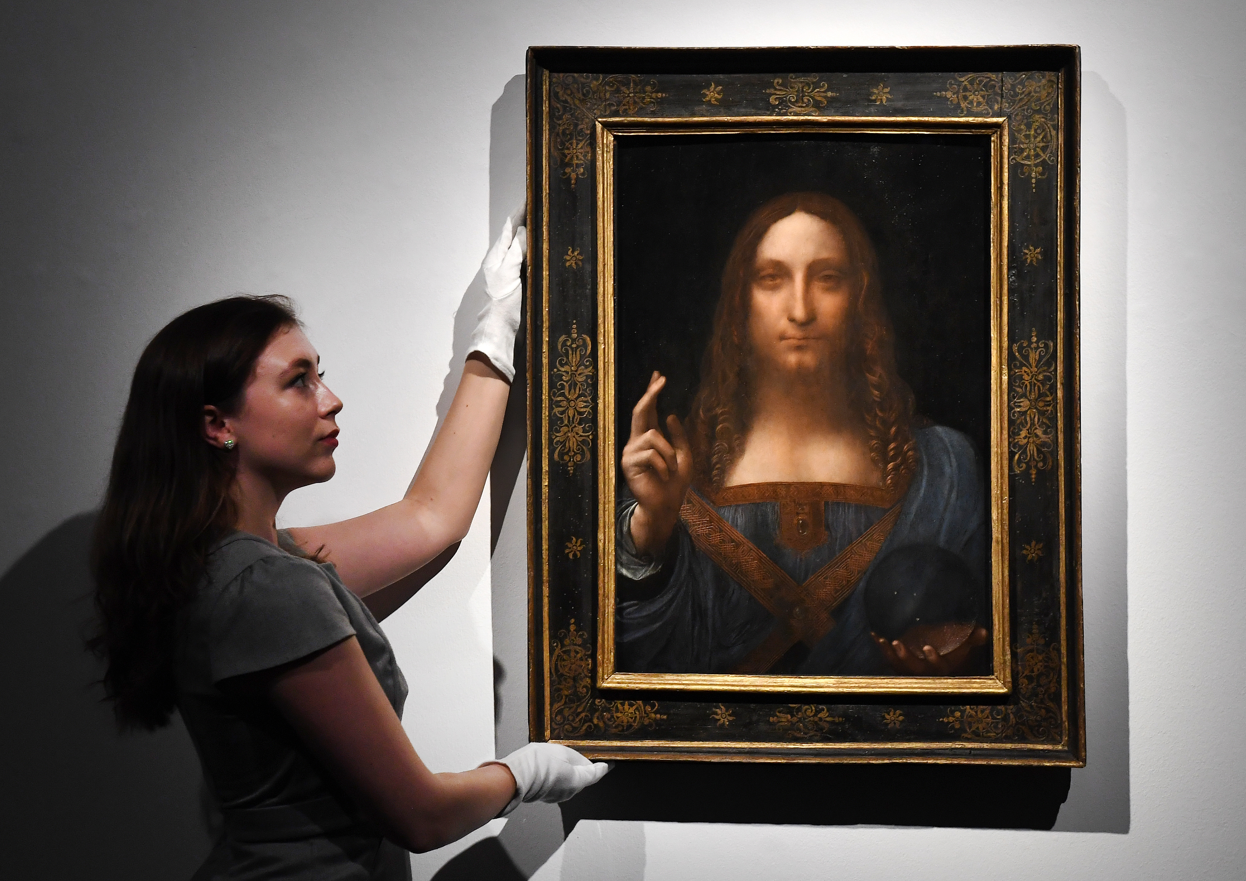 Leonardo da Vinci's painting 'Salvator Mundi' was sold at auction in New York on Nov. 15, 2017. (Andy Rain — EPA-EFE)