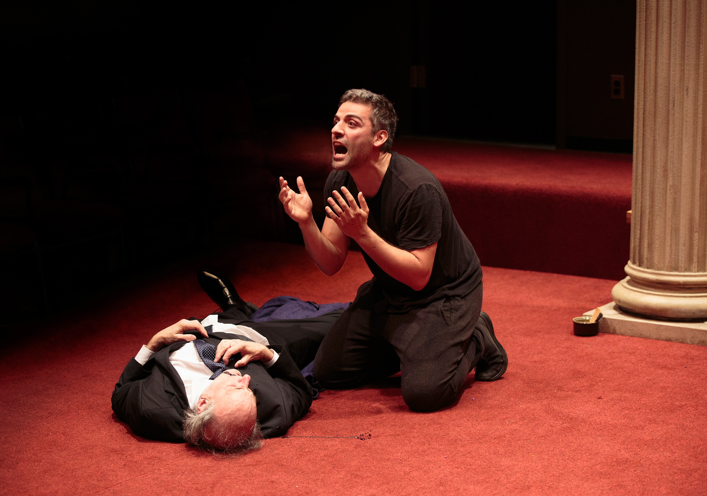 Peter Friedman and Oscar Isaac in Hamlet, directed by Sam Gold, running at The Public Theater through September 3. (Carol Rosegg)