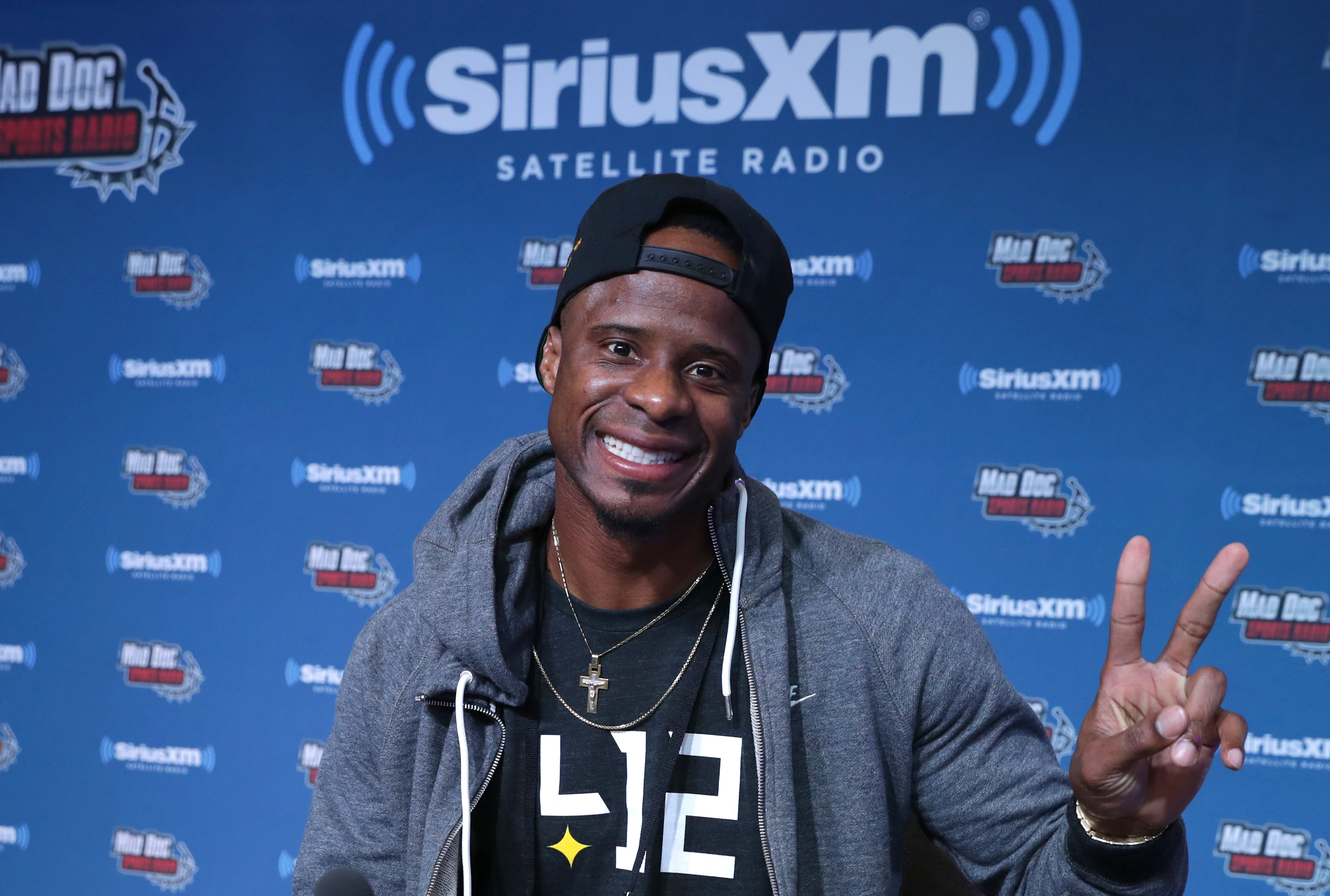 Former NFL player Ike Taylor visits the SiriusXM set at Super Bowl LI Radio Row at the George R. Brown Convention Center on February 3, 2017 in Houston, Texas. (Cindy Ord—Getty Images for SiriusXM)