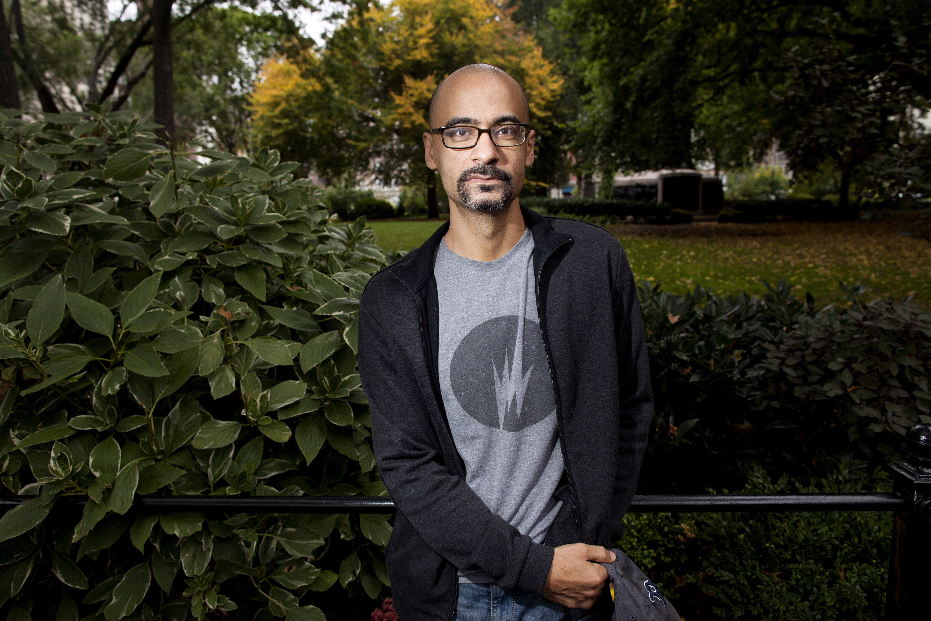 Author Junot Diaz poses in Union Square in New York, N.Y. on Oct. 7, 2013. (Chicago Tribune—TNS via Getty Images)