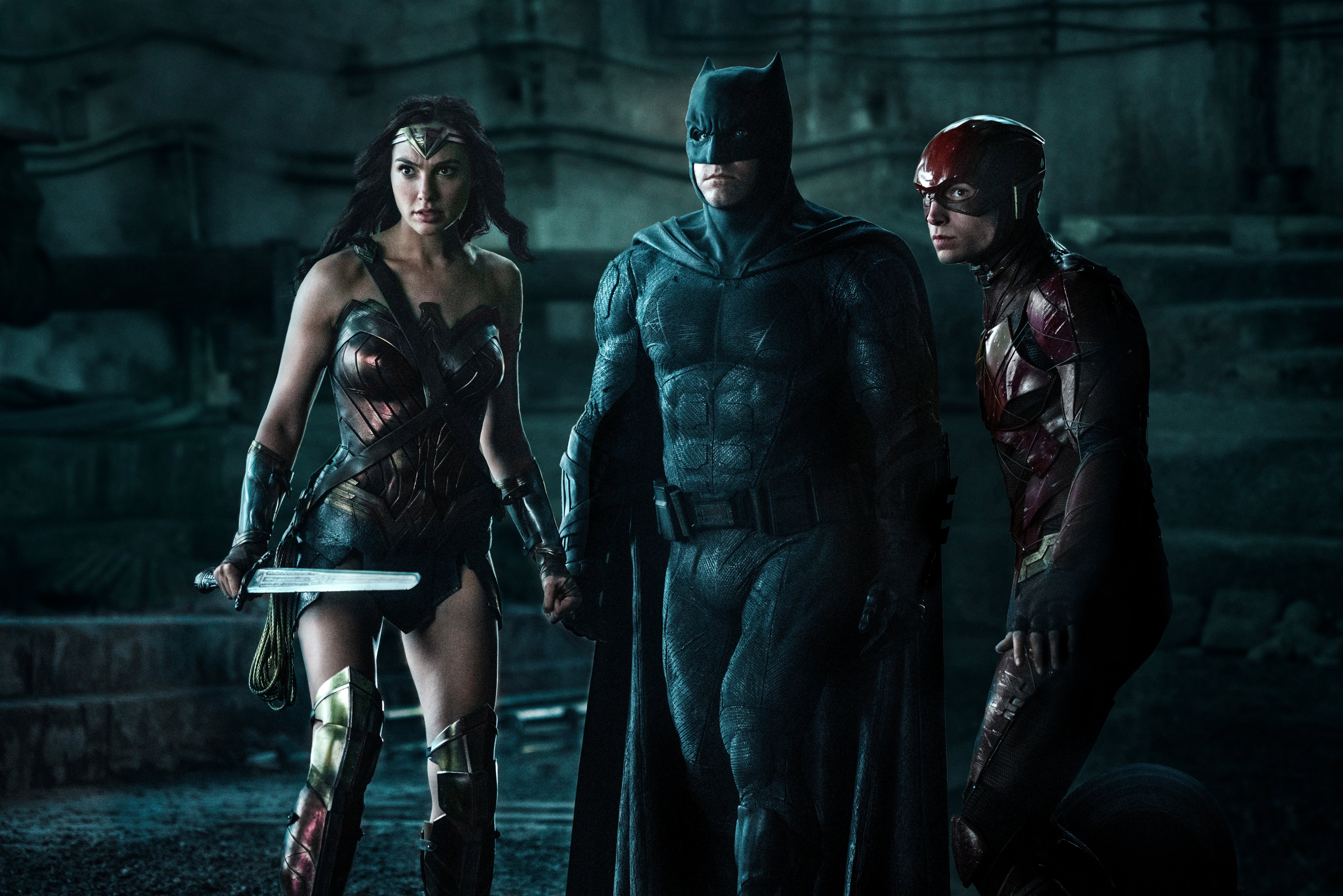 Gal Gadot as Wonder Woman, Ben Affleck as Batman and Ezra Miller as Flash in <em>Justice League</em> (Clay Enos—Warner Bros/AP)
