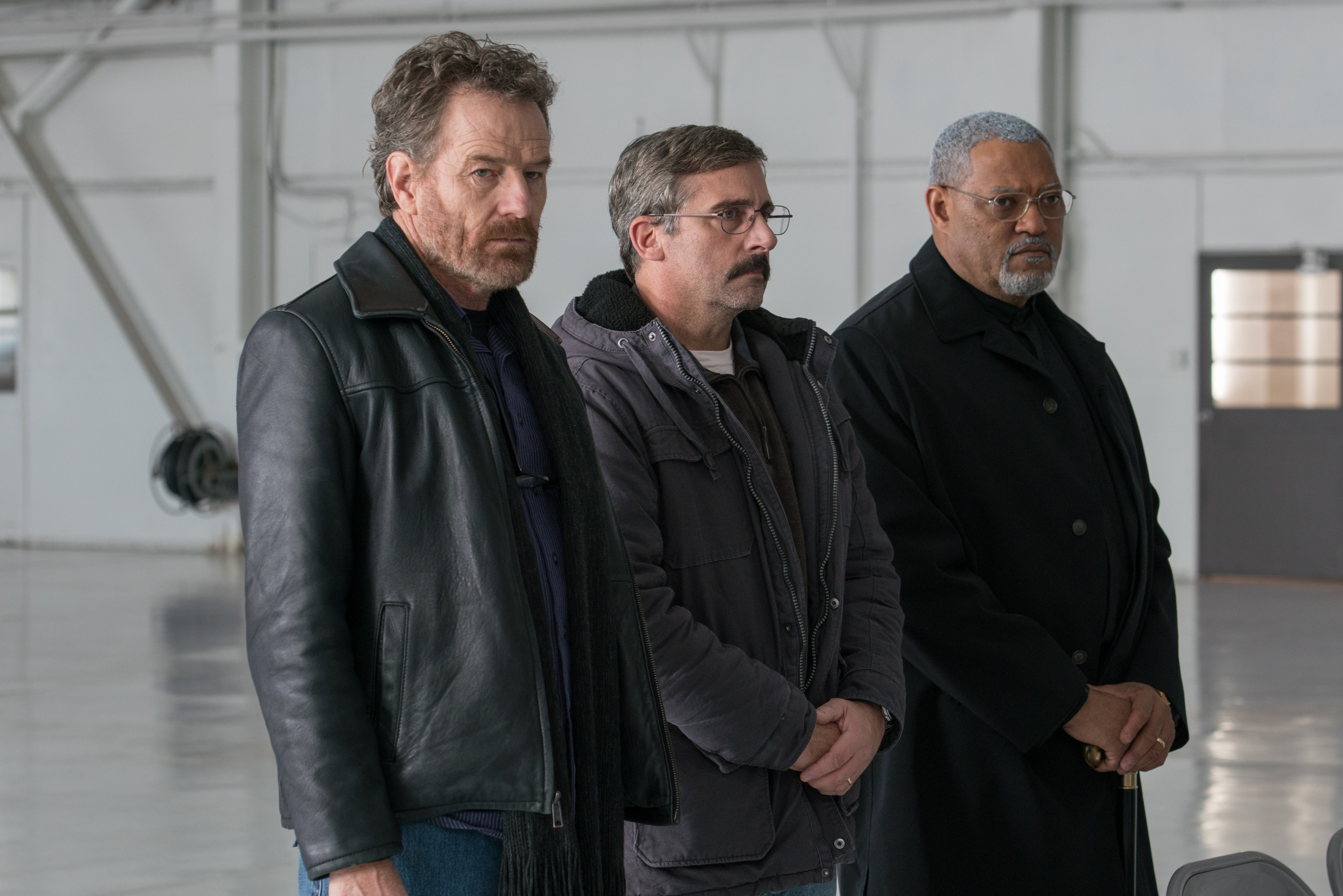 Bryan Cranston as "Sal," Steve Carrell as "Doc," and Laurence Fishburne as "Mueller." (Wilson Webb/Lionsgate)
