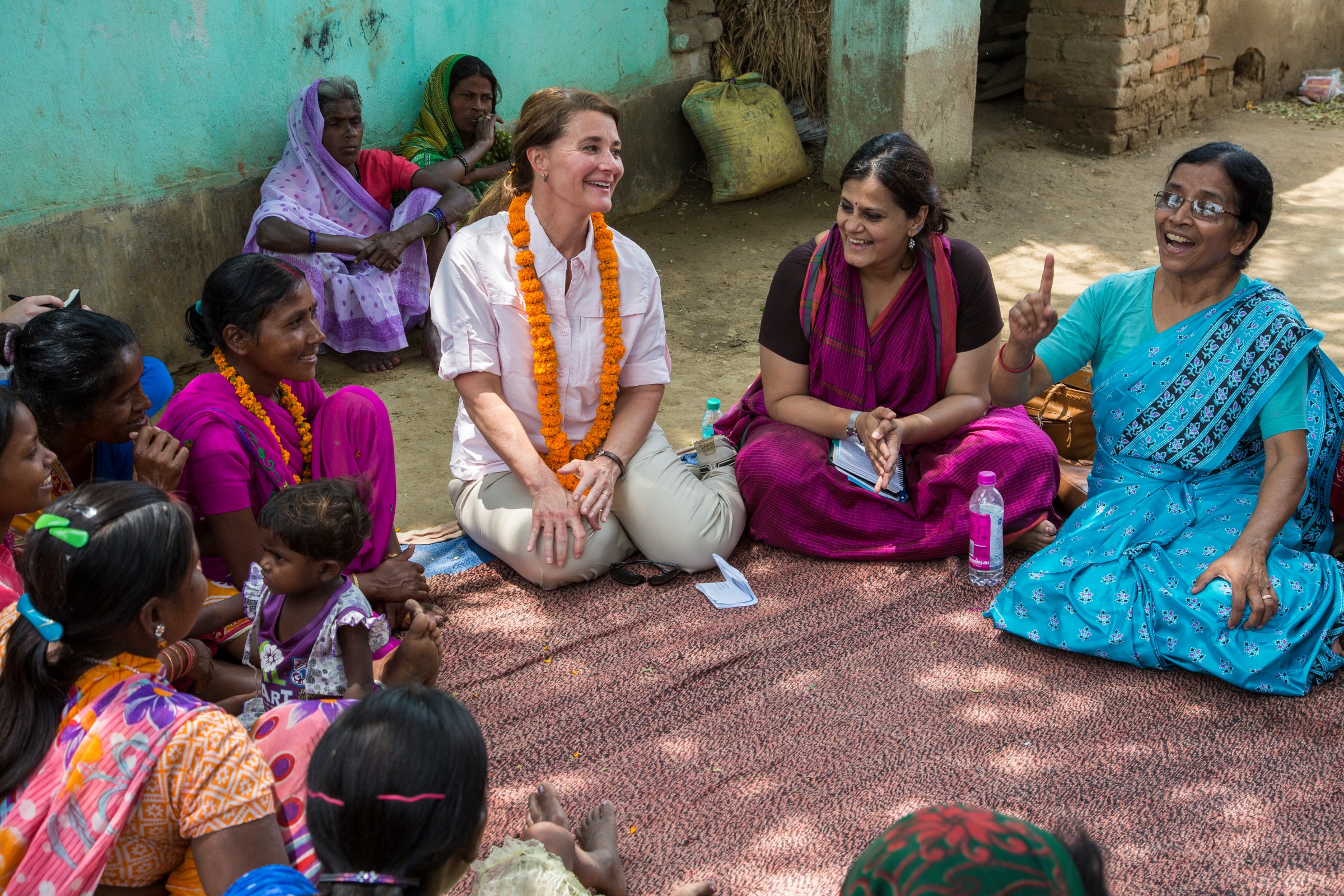 Melinda Gates during her interaction with women in Kothwa village in Danapur, Bihar, India, on April 18, 2015.She was accompanied by Sudha Varghese (light blue sari). Seated on Melinda Gates' right was Rita Devi (dark pink sari) and on her left was Yamini Atmavilas of the Gates Foundation.Sudha Varghese's Nari Gunjan works with women and girls of Dalit communities in this village.