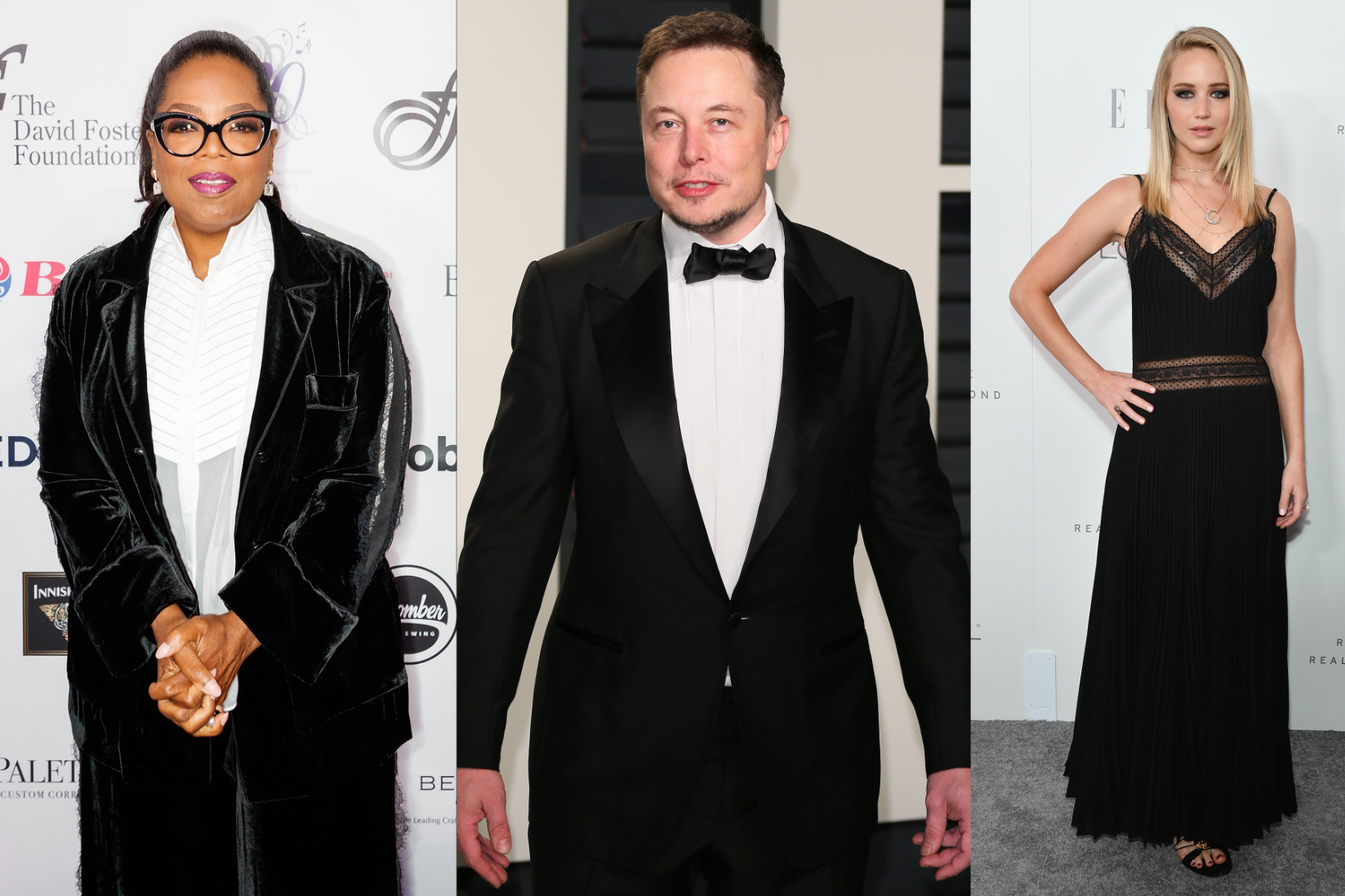 Oprah Winfrey, Elon Musk, and Jennifer Lawrence (Getty Images)