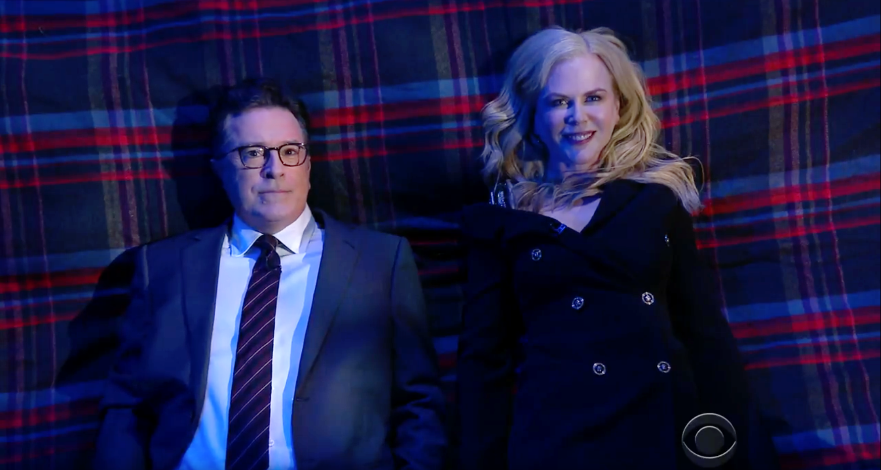 Stephen Colbert and Nicole Kidman in Big Questions With Even Bigger Stars. (CBS)