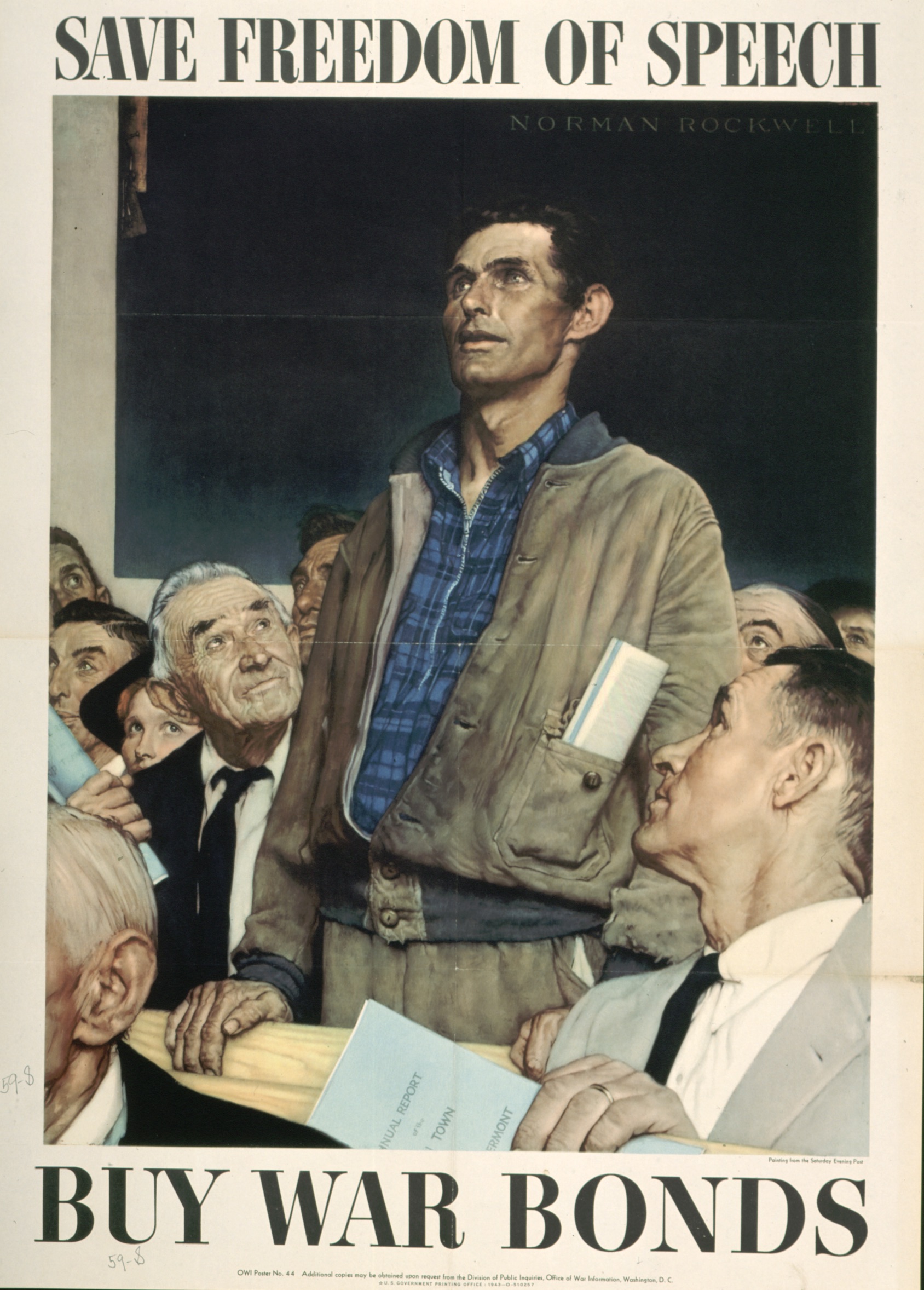 Caption: Norman Rockwell, Freedom of Speech, 1943, offset color lithograph on paper; Texas War Records Collection, 85.170.157