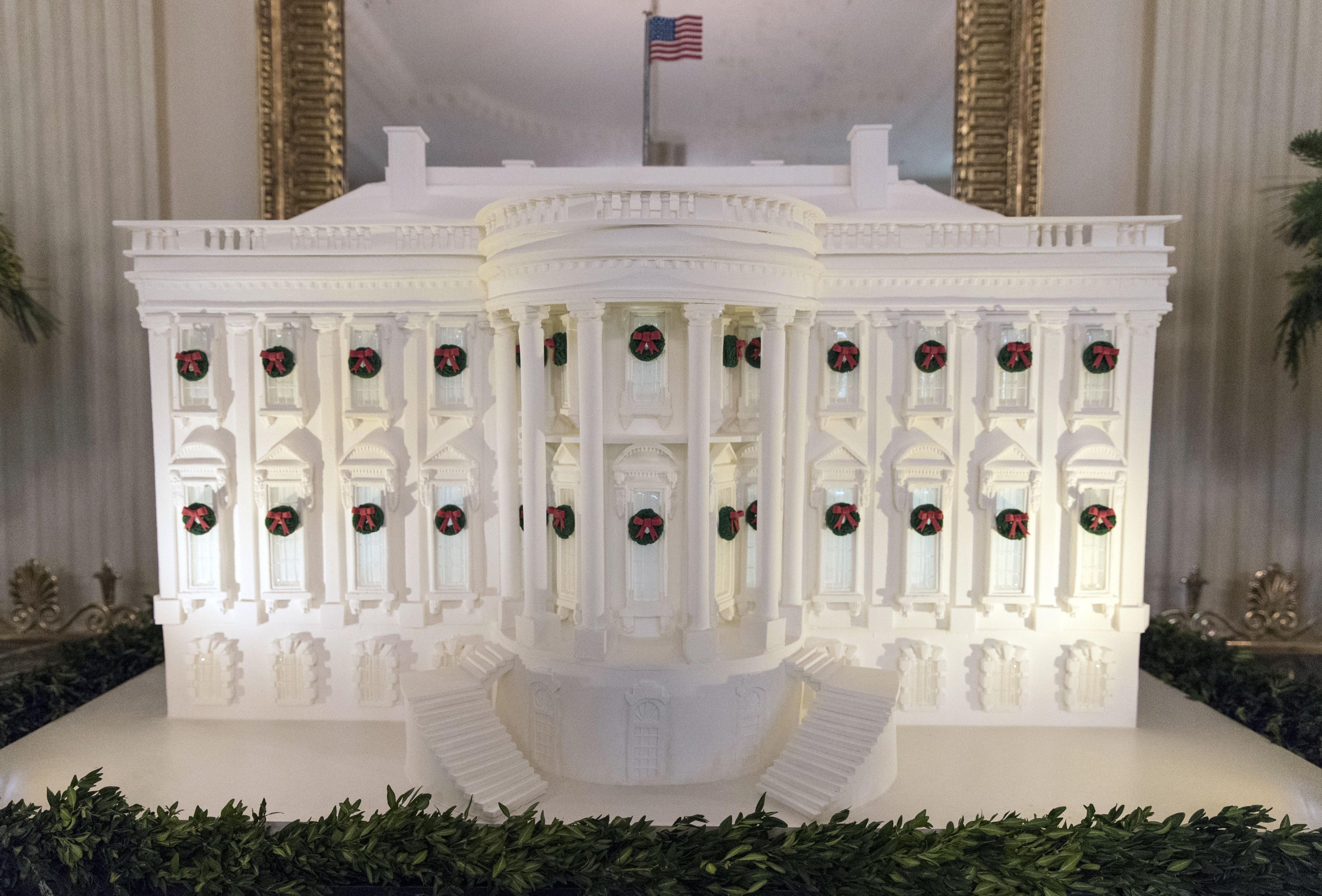 The gingerbread White House is seen in the East Dining Room during a media preview of the 2017 holiday decorations at the White House in Washington, D.C., Nov. 27, 2017. (Olivier Douliery—AP/REX/Shutterstock)