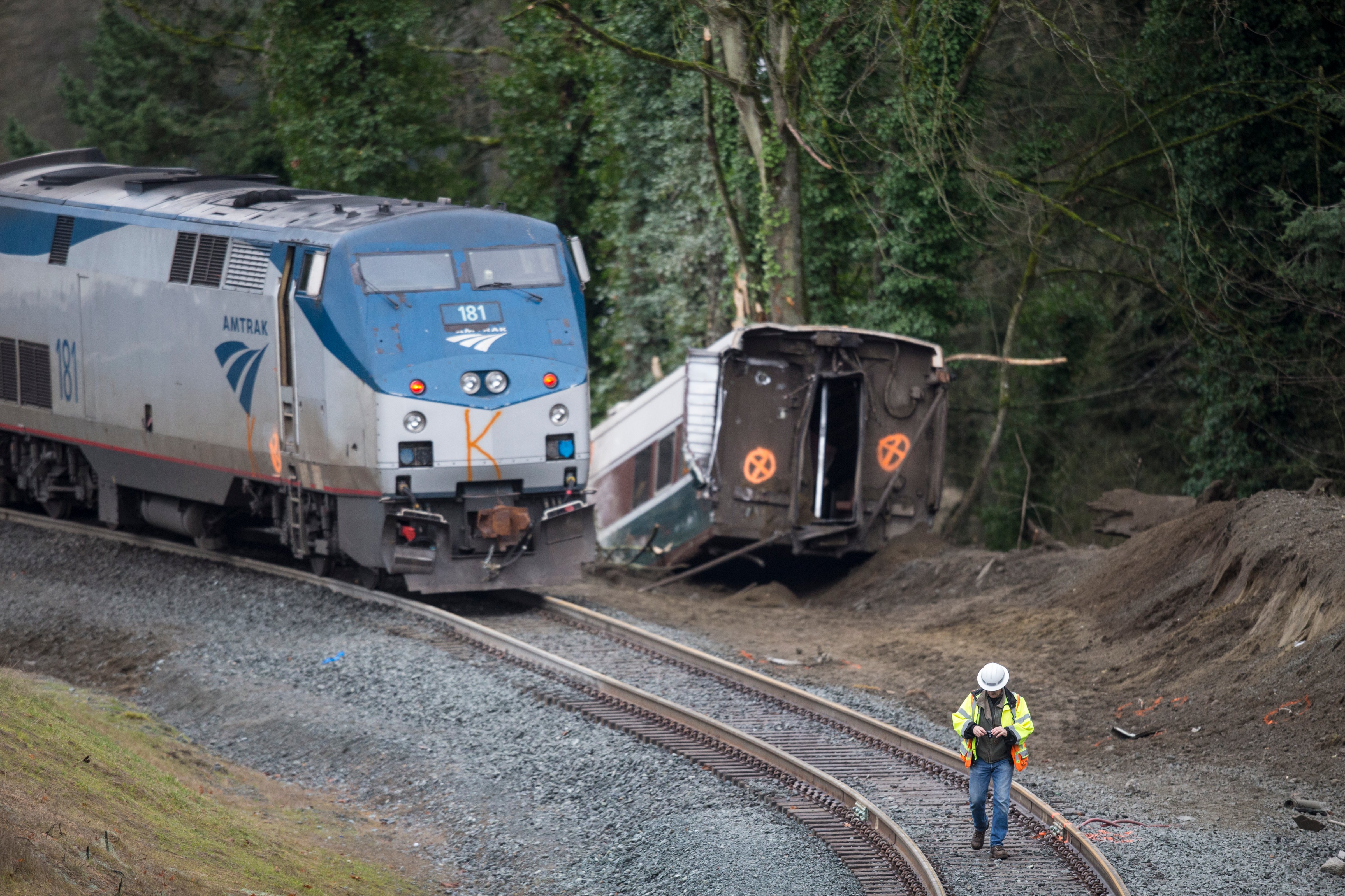 The scene of the Amtrak train derailment on December 18, 2017 in DuPont, Washington. (Stephen Brashear&mdash;Getty Images)