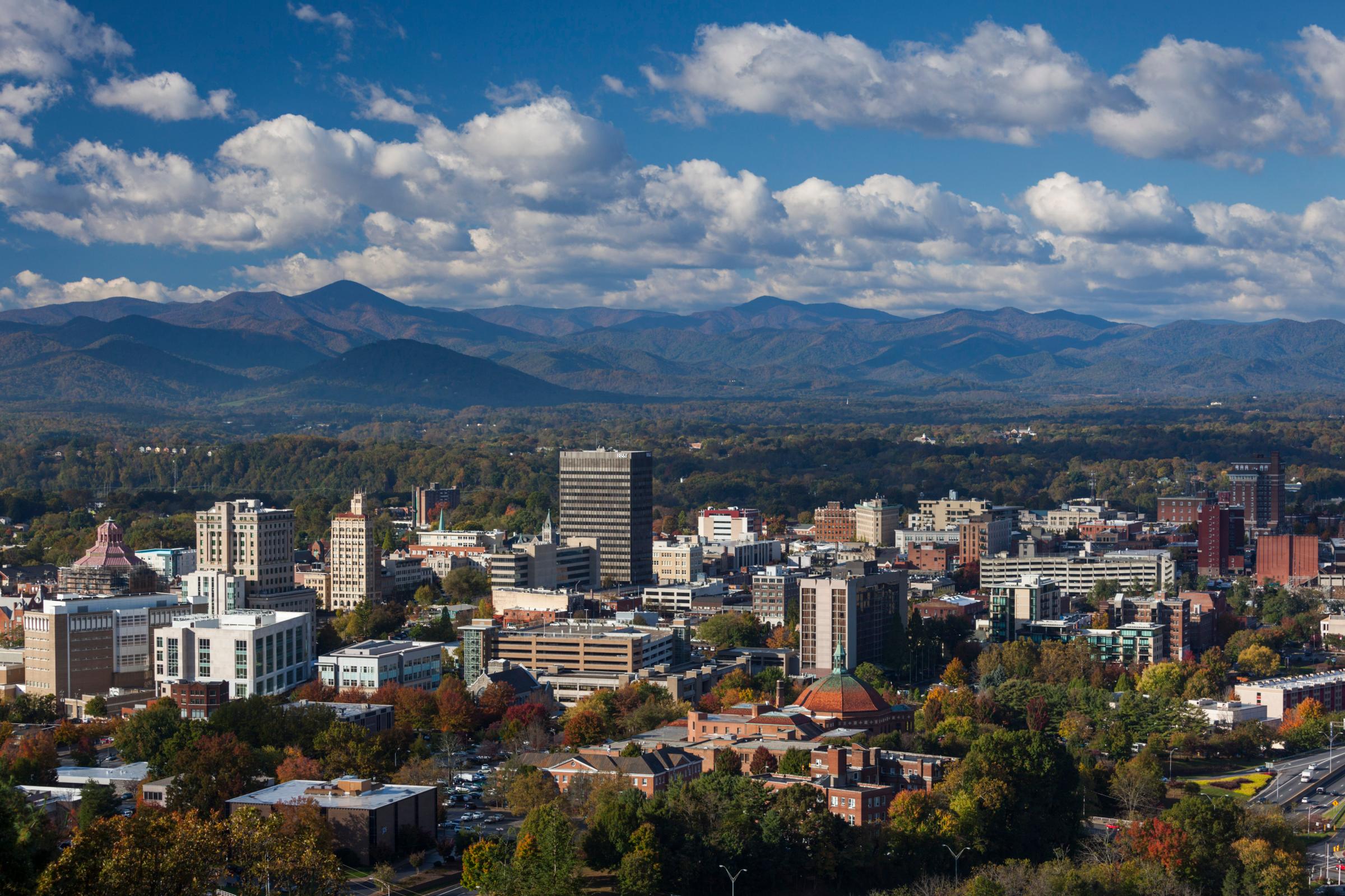 USA, North Carolina, Asheville, elevated city skyline, morning