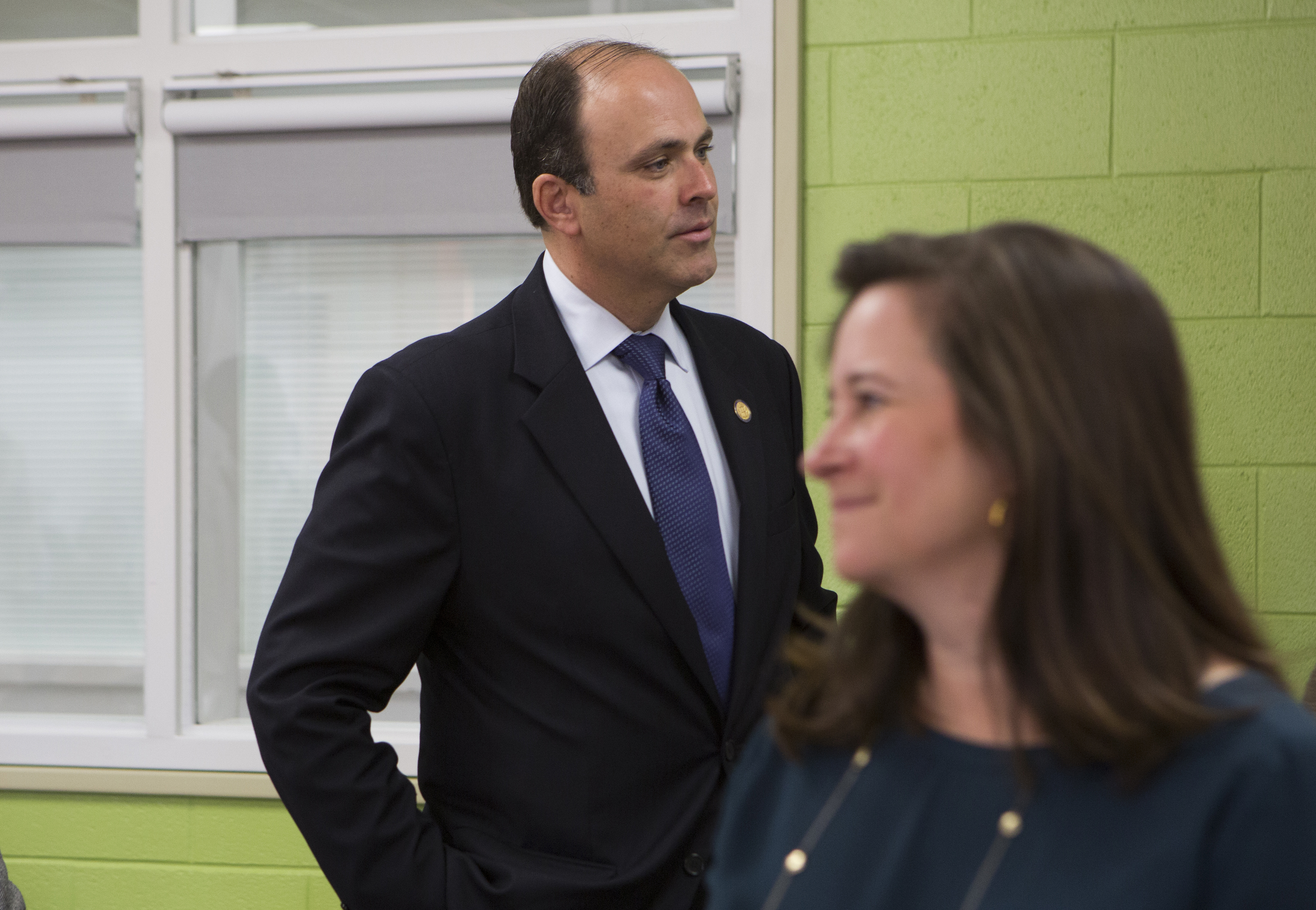Republican David Yancey and Democrat Shelly Simonds attend a "take your legislator to school day" Tuesday, November 28 at Heritage High School in Newport News, Va. Yancey leads Simonds by ten votes in the 94th District in the Virginia House of Delegates race. (The Washington Post/Getty Images)