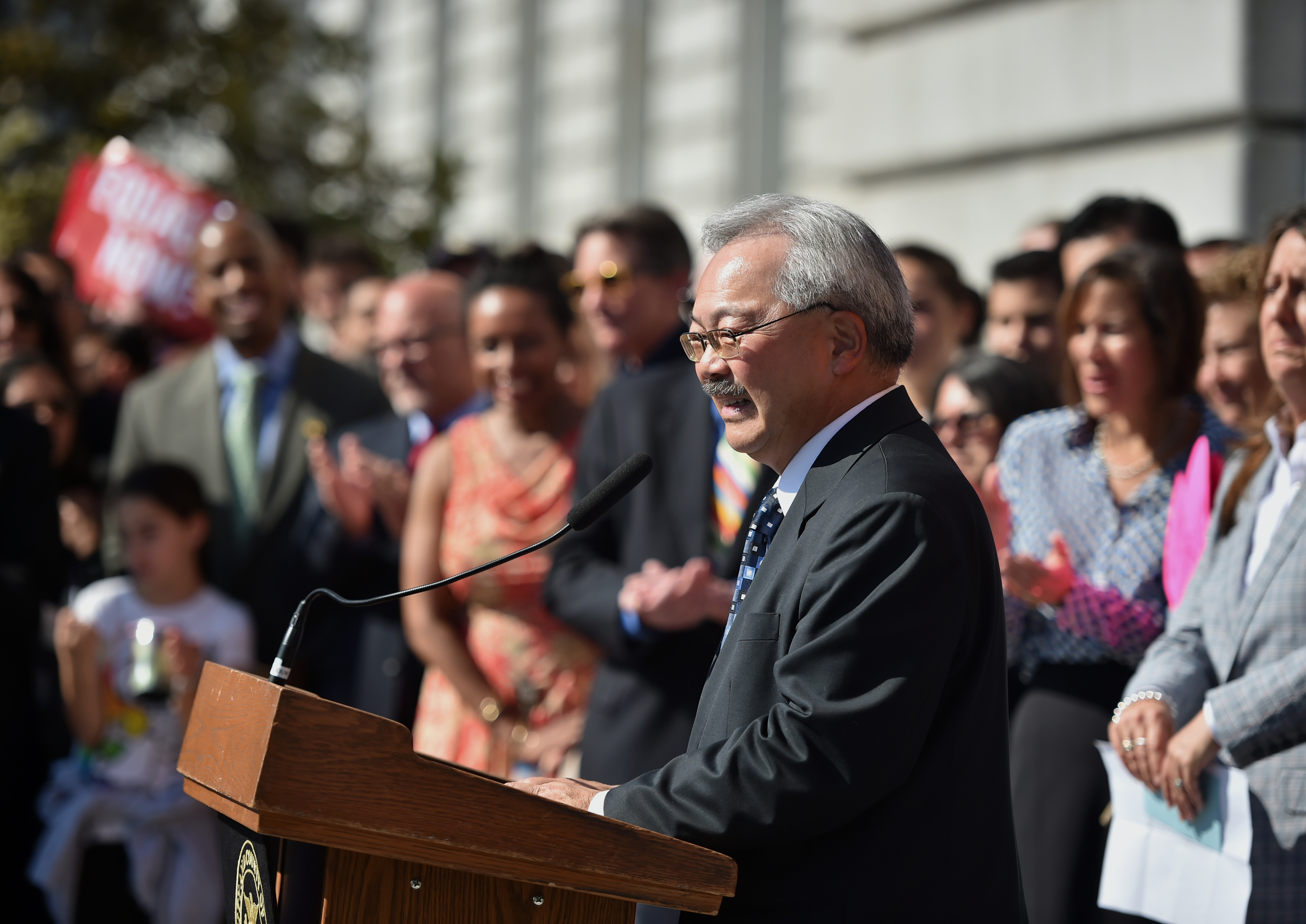 Ed Lee, mayor of San Francisco, speaks during a news conference outside City Hall after the U.S. Supreme Court same-sex marriage ruling in San Francisco, California, U.S., on Friday, June 26, 2015. Same-sex couples have a constitutional right to marry nationwide, the U.S. Supreme Court said in a historic ruling that caps the biggest civil rights transformation in a half-century. Photographer: Josh Edelson/Bloomberg via Getty Images (Bloomberg—Bloomberg via Getty Images)