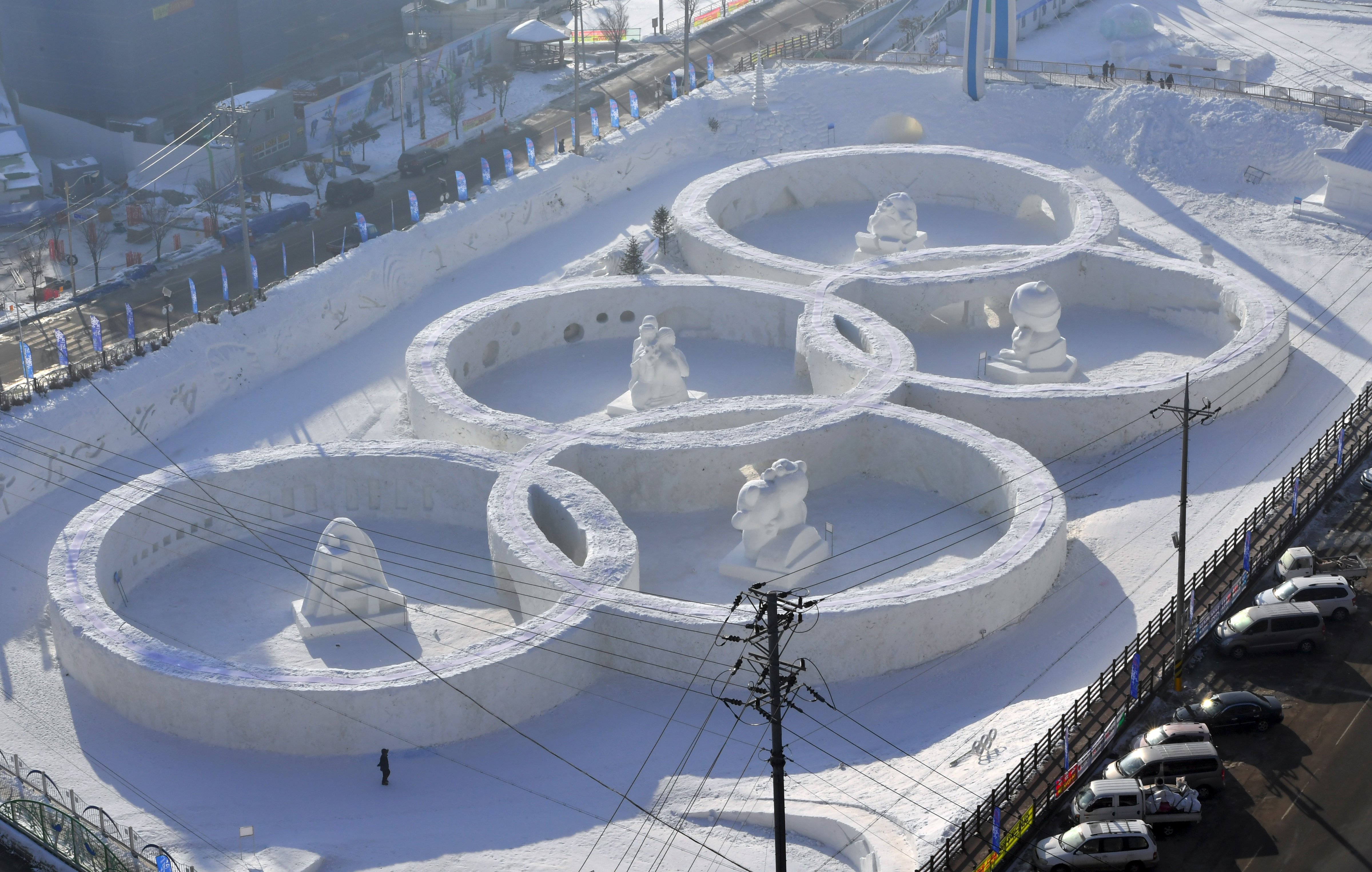 This photo taken Feb. 4, 2017 shows a snow sculpture near the venue for the opening and closing ceremonies for the Pyeongchang 2018 Winter Olympic Games. (Jung Yeon-Je—AFP/Getty Images)