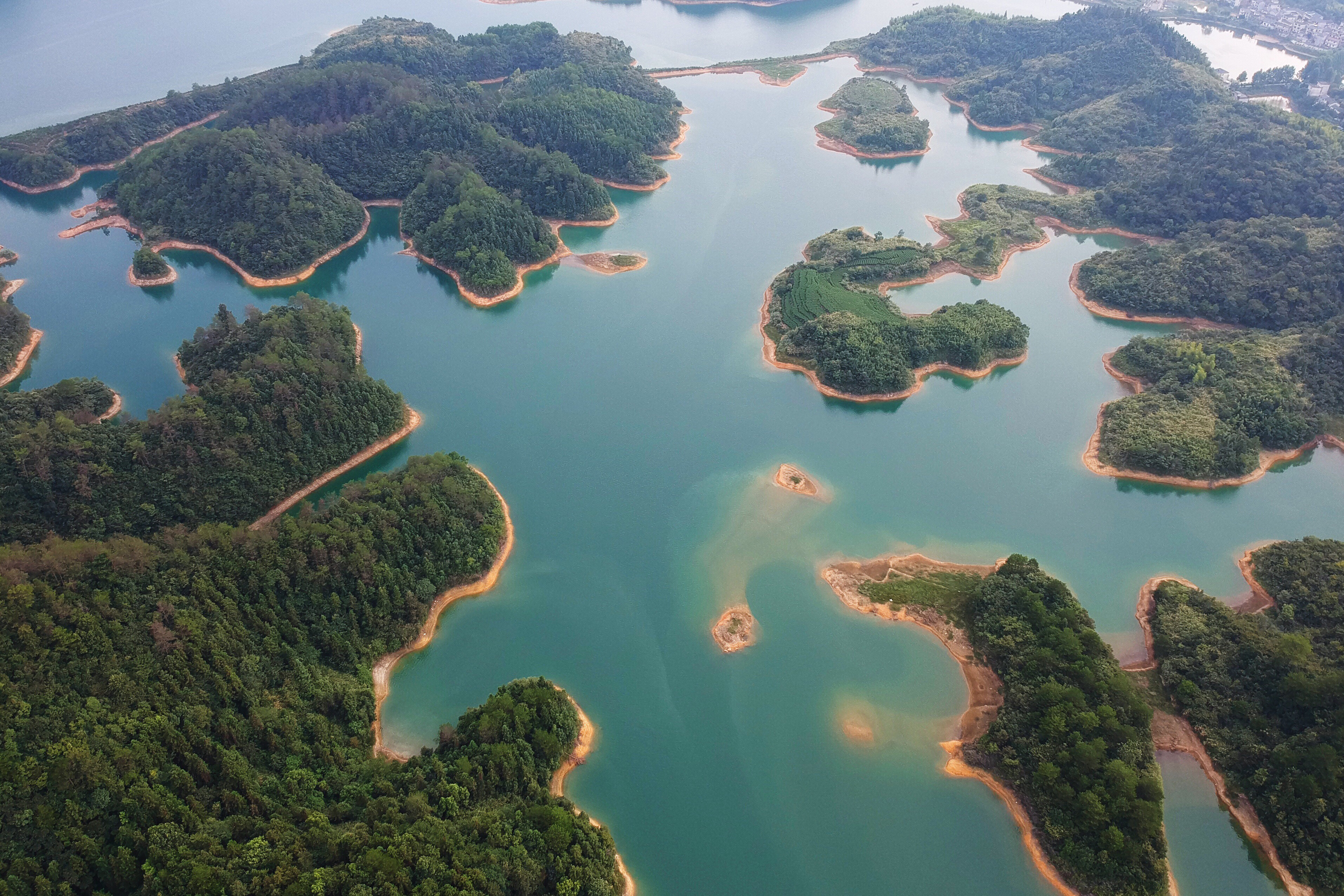 An aerial photo taken on Aug. 8, 2017 shows the scenery of Qiandao Lake in Chun'an County, east China's Zhejiang Province. (Xinhua/Zhang Cheng via Getty Images)
