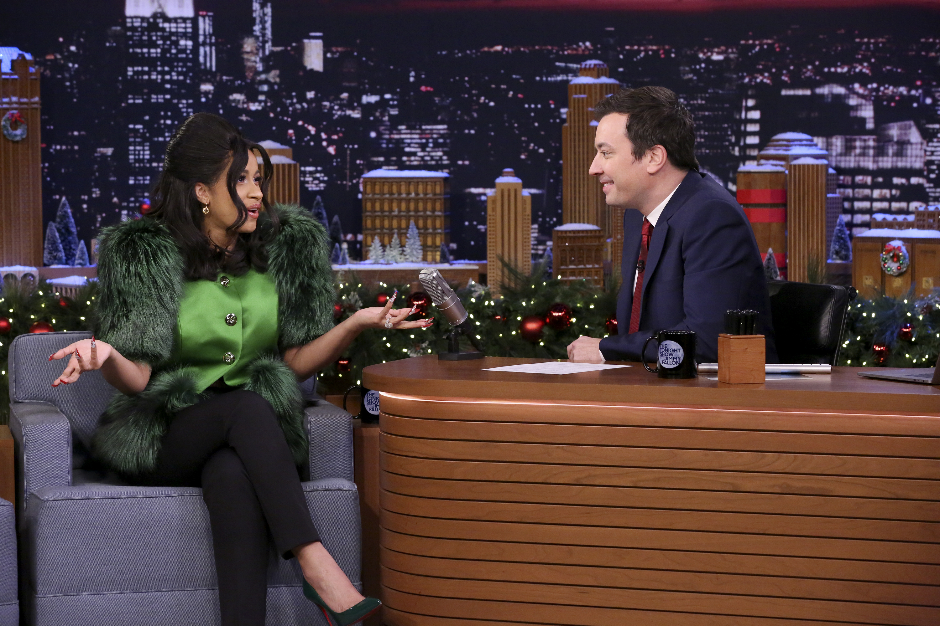 THE TONIGHT SHOW STARRING JIMMY FALLON -- Episode 0794 -- Pictured: (l-r) Hip Hop Artist Cardi B during an interview with his Jimmy Fallon on December 20, 2017 -- (Photo by: Andrew Lipovsky/NBC/NBCU Photo Bank via Getty Images) (NBC&mdash;NBCU Photo Bank via Getty Images)