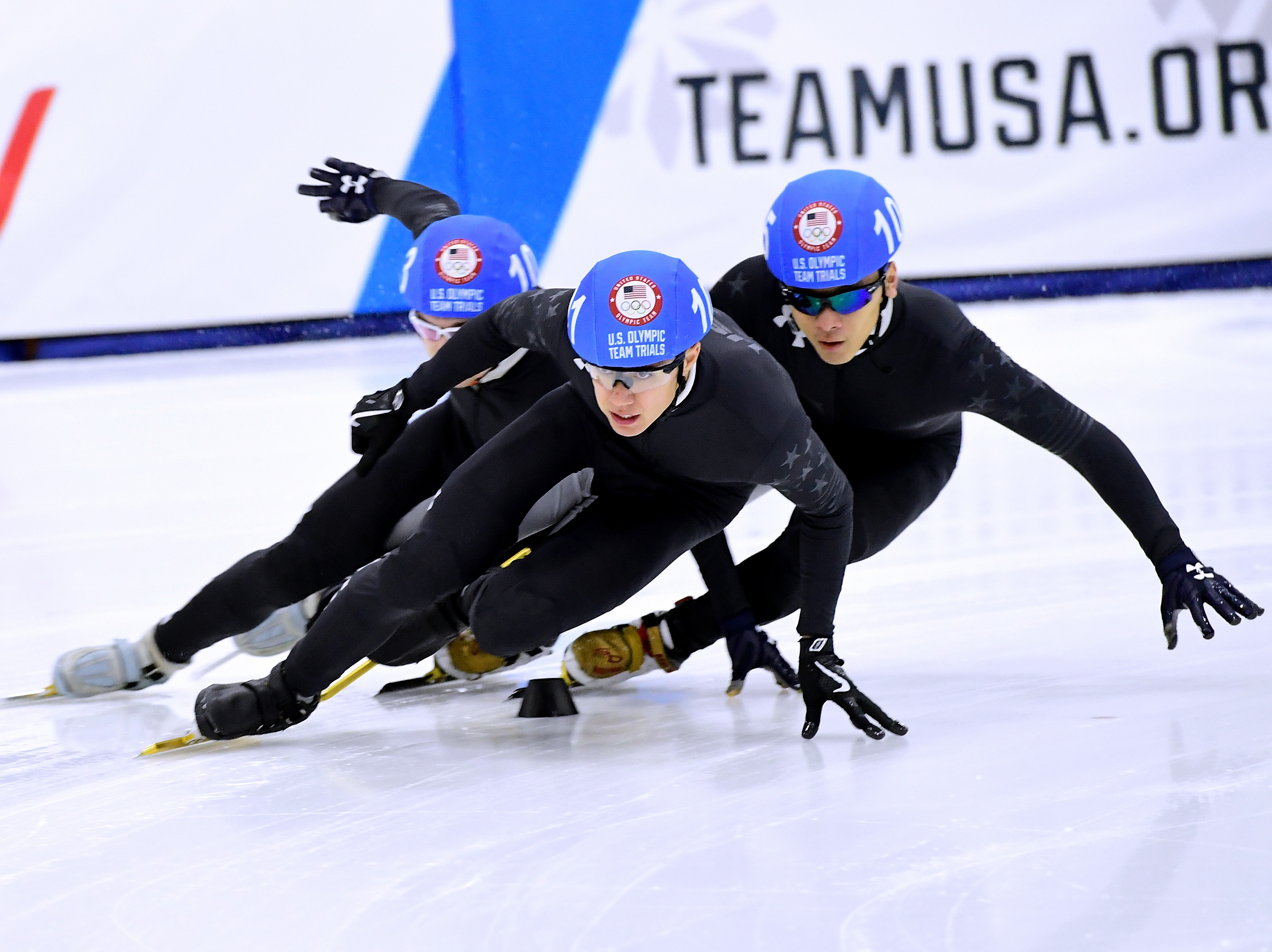 J.R. Celski #102 turns ahead of Aaron Tran #105 during the 2018 U.S. Speedskating Short Track Olympic Team Trials at the Utah Olympic Oval on December 17, 2017 in Salt Lake City, Utah. Harry How—Getty Images. (Harry How—Getty Images.)