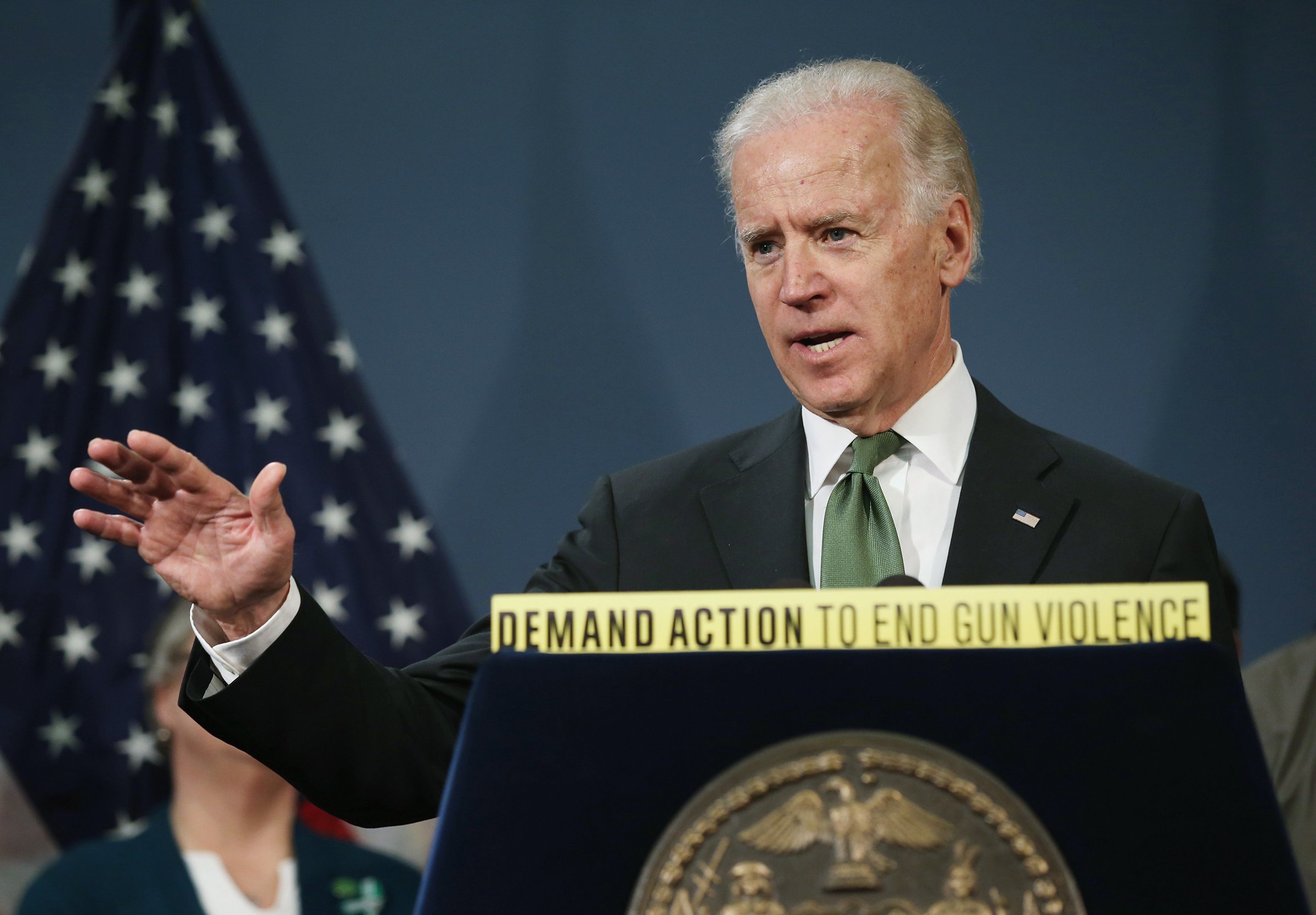Former Vice President Joe Biden speaks in favor of gun reform legislation at a press conference with family members of Sandy Hook shooting victims on March 21, 2013 in New York City.
