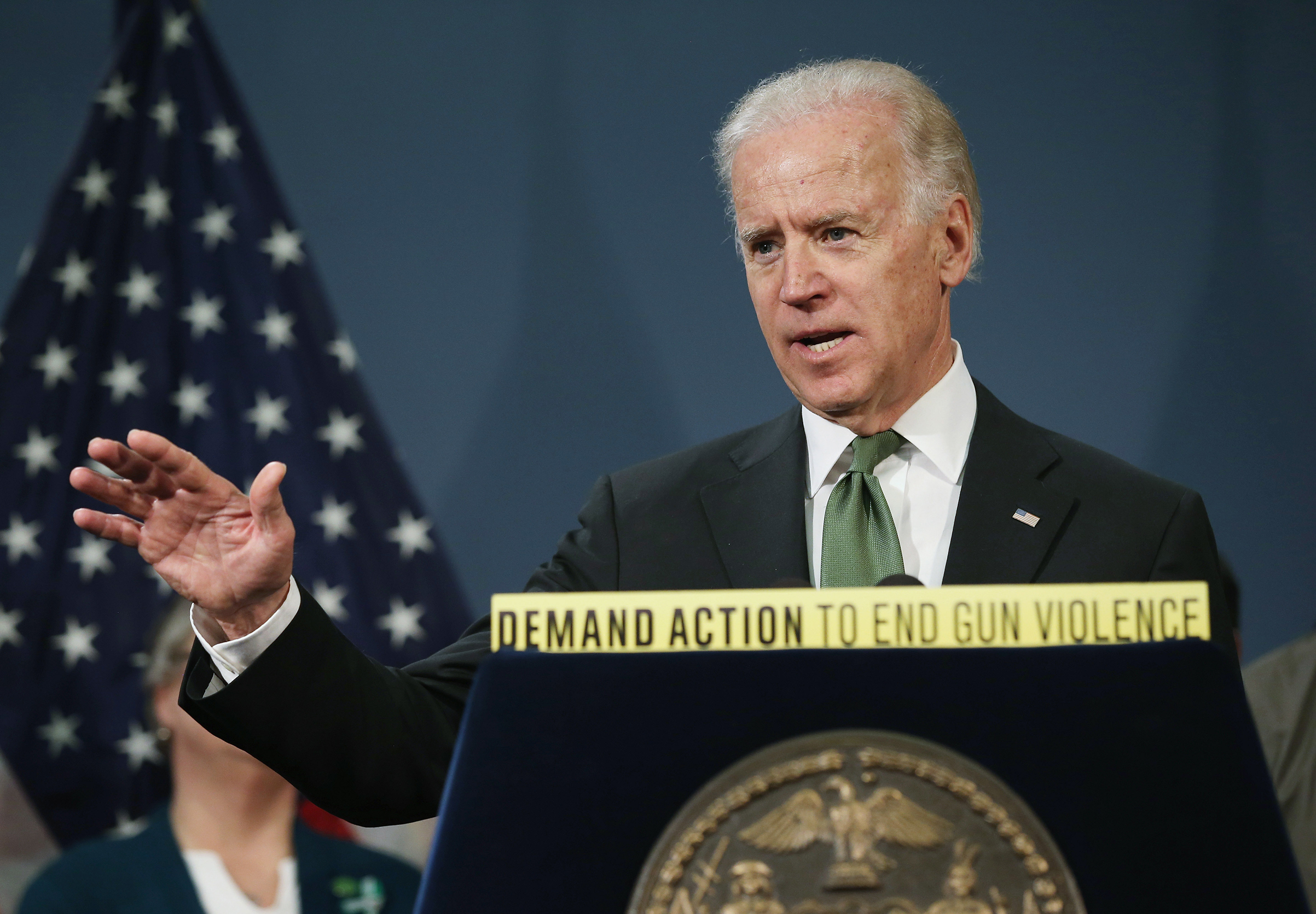 Former Vice President Joe Biden speaks in favor of gun reform legislation at a press conference with family members of Sandy Hook shooting victims on March 21, 2013 in New York City. (John Moore—Getty Images)
