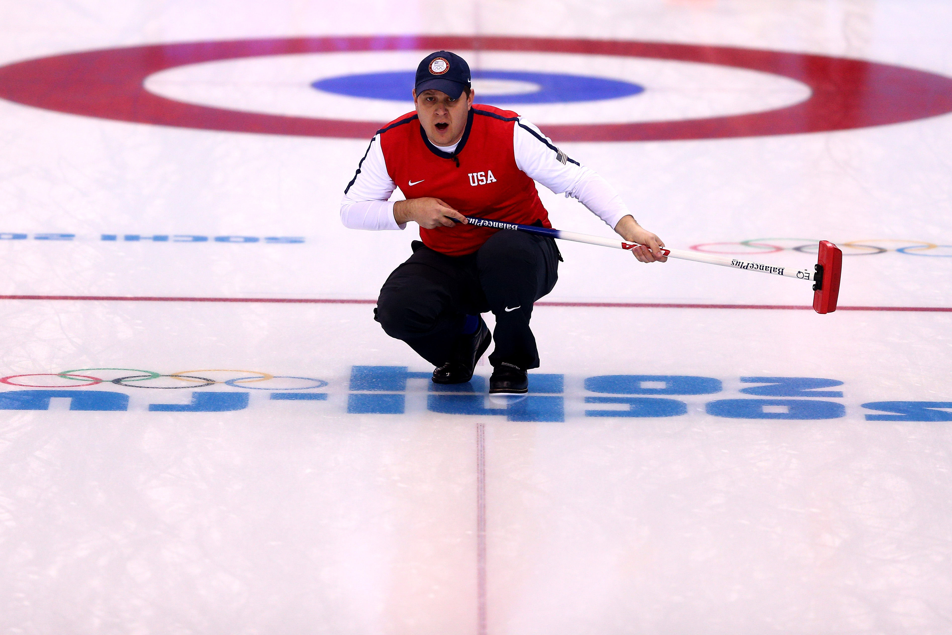 John Shuster of United States looks on during the Curling Men's Round Robin match on day 9 of the Sochi 2014 Winter Olympics at Ice Cube Curling Center on February 16, 2014 in Sochi, Russia. Paul Gilham—Getty Images (Paul Gilham—Getty Images)