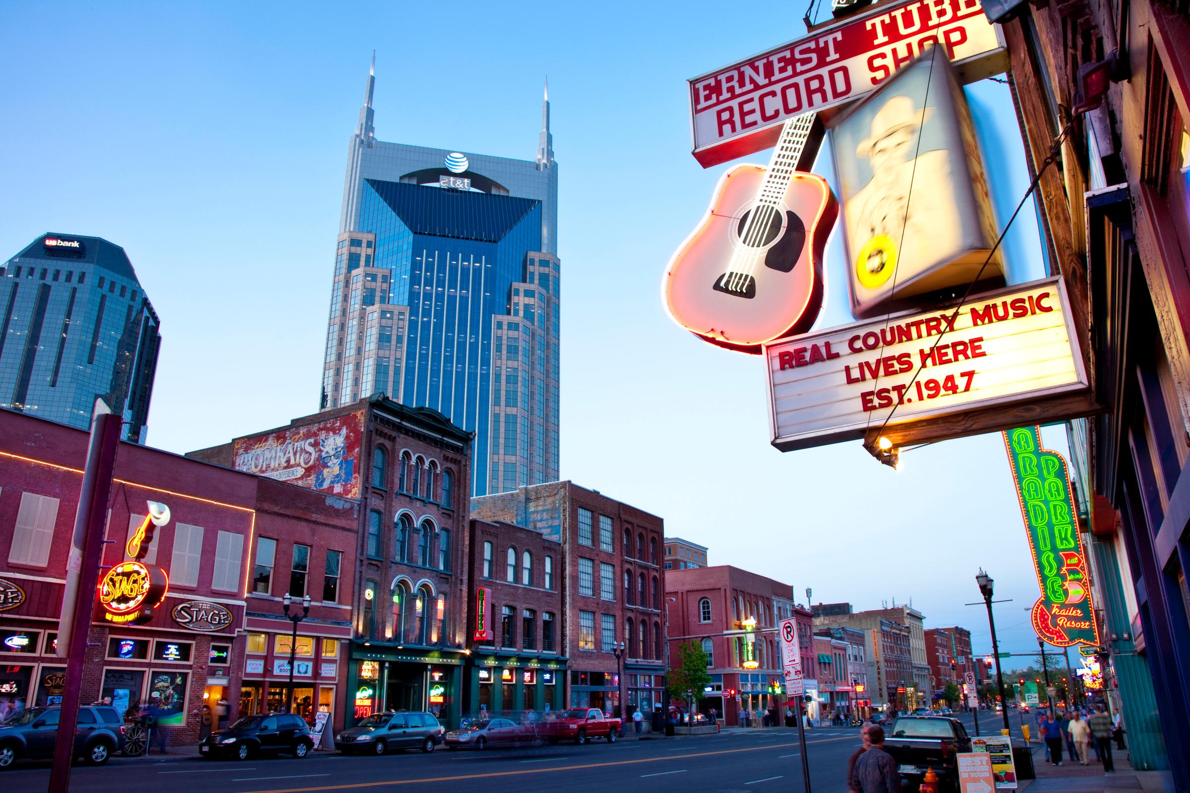 ATandT building towers over historic buildings of lower Broadway, Nashville, Tennessee, USA