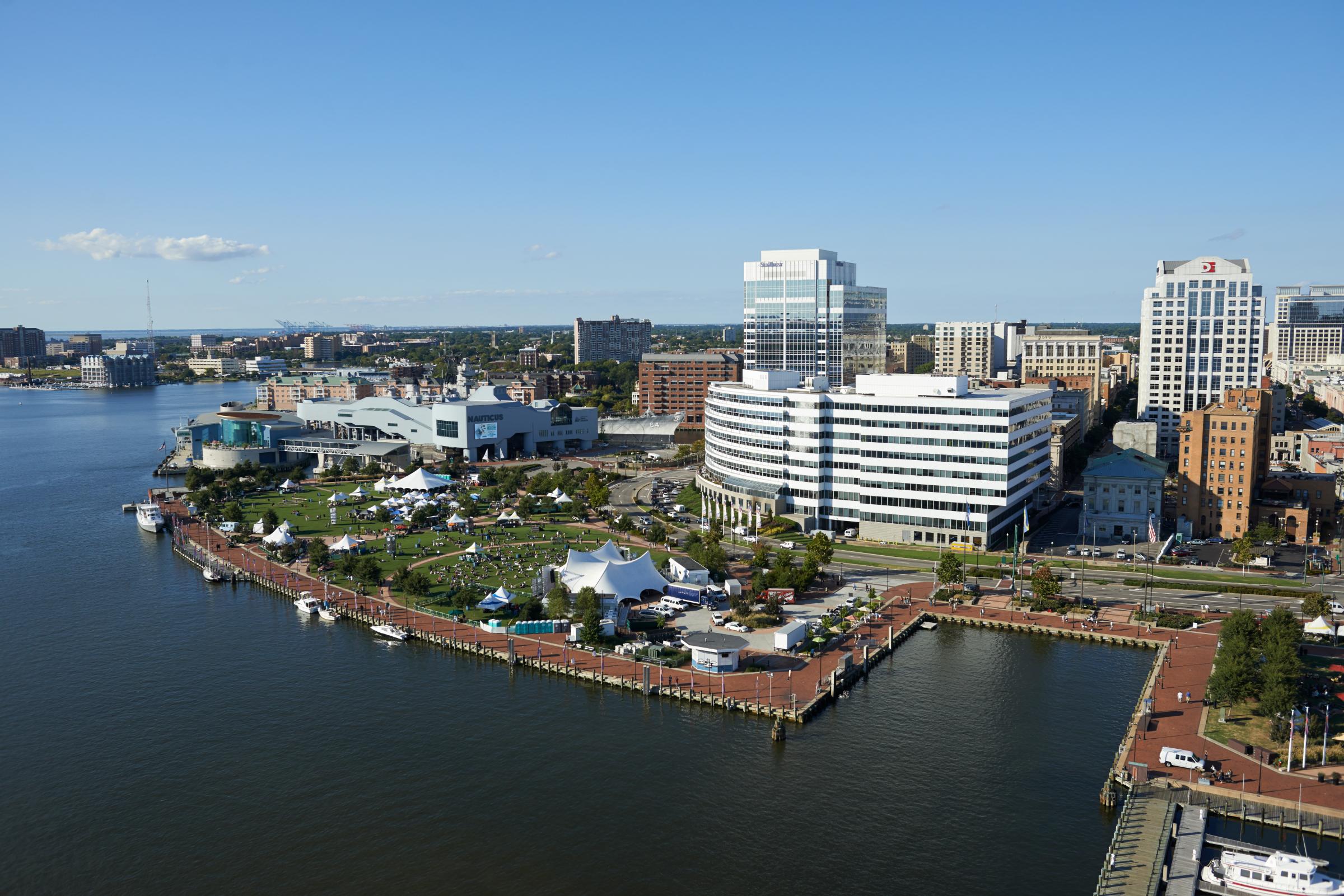 USA, Virginia, Aerial photograph of downtown Norfolk waterfront along the Elizabeth River