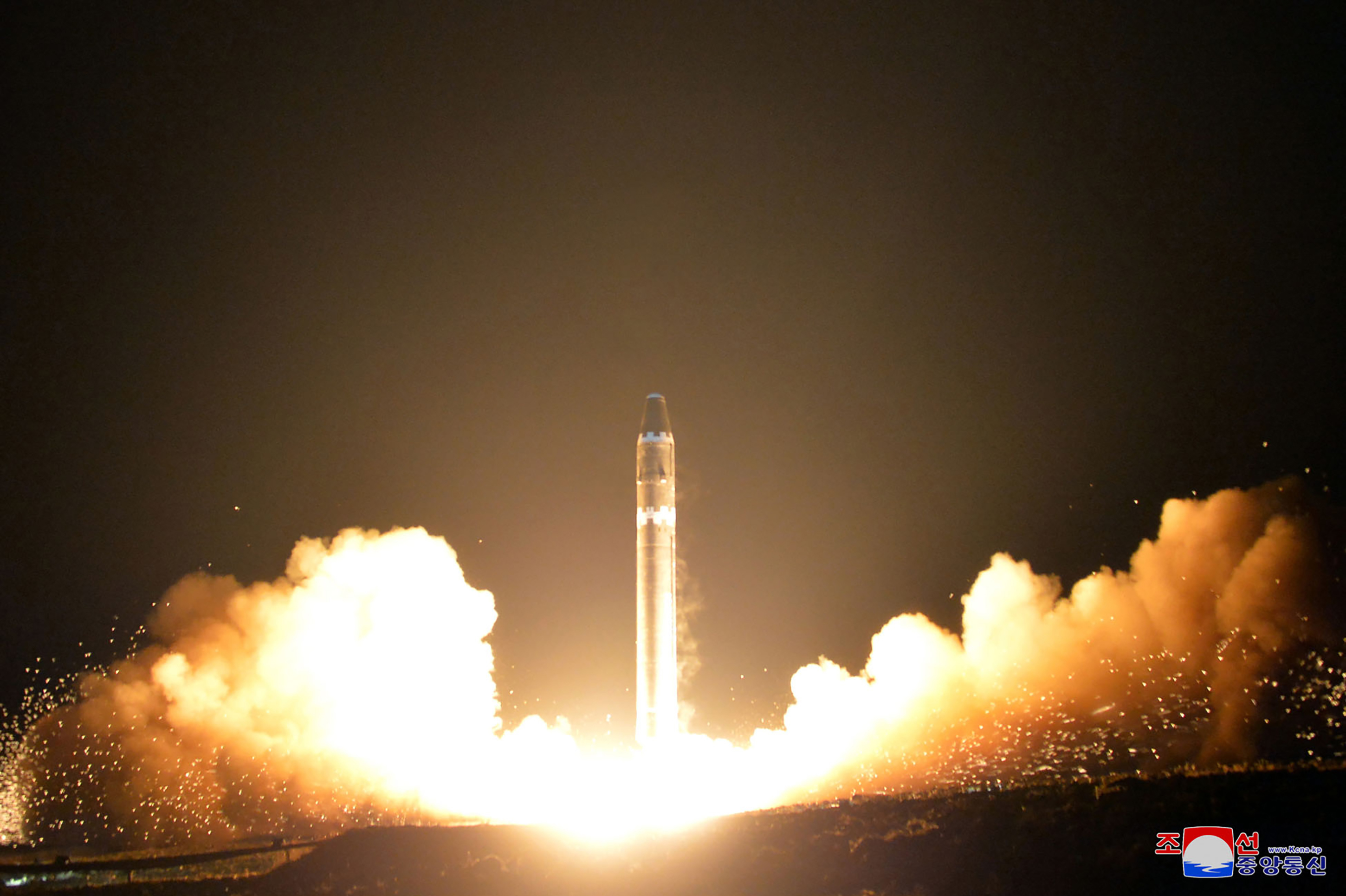 This photo released on November 30, 2017 by North Korea's official Korean Central News Agency (KCNA) shows launching of the Hwasong-15 missile. (KCNA VIA KNS&mdash;AFP/Getty Images)