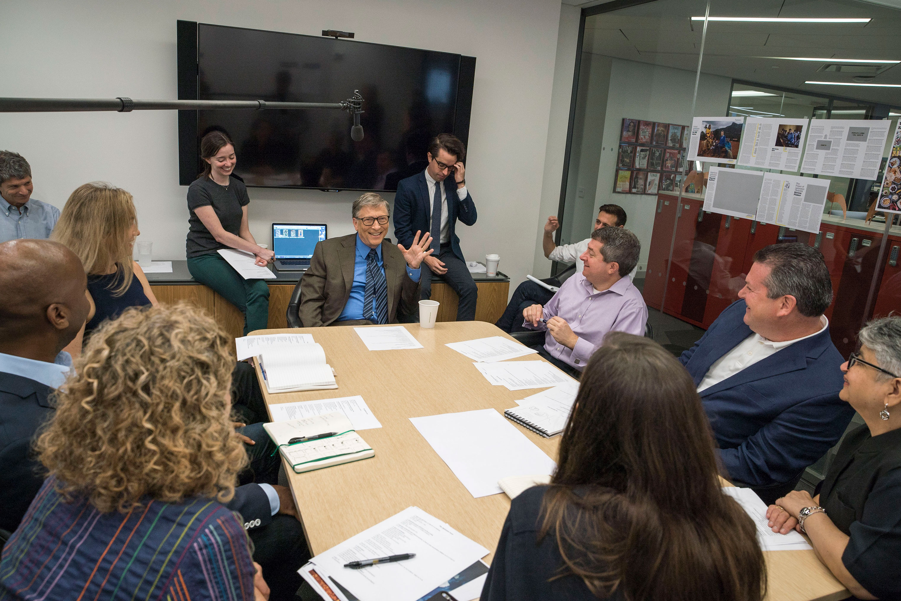 Paul Moakley for TIME (Bill Gates, the first guest editor in TIME’s 94-year history, meets with the publication’s staff.)