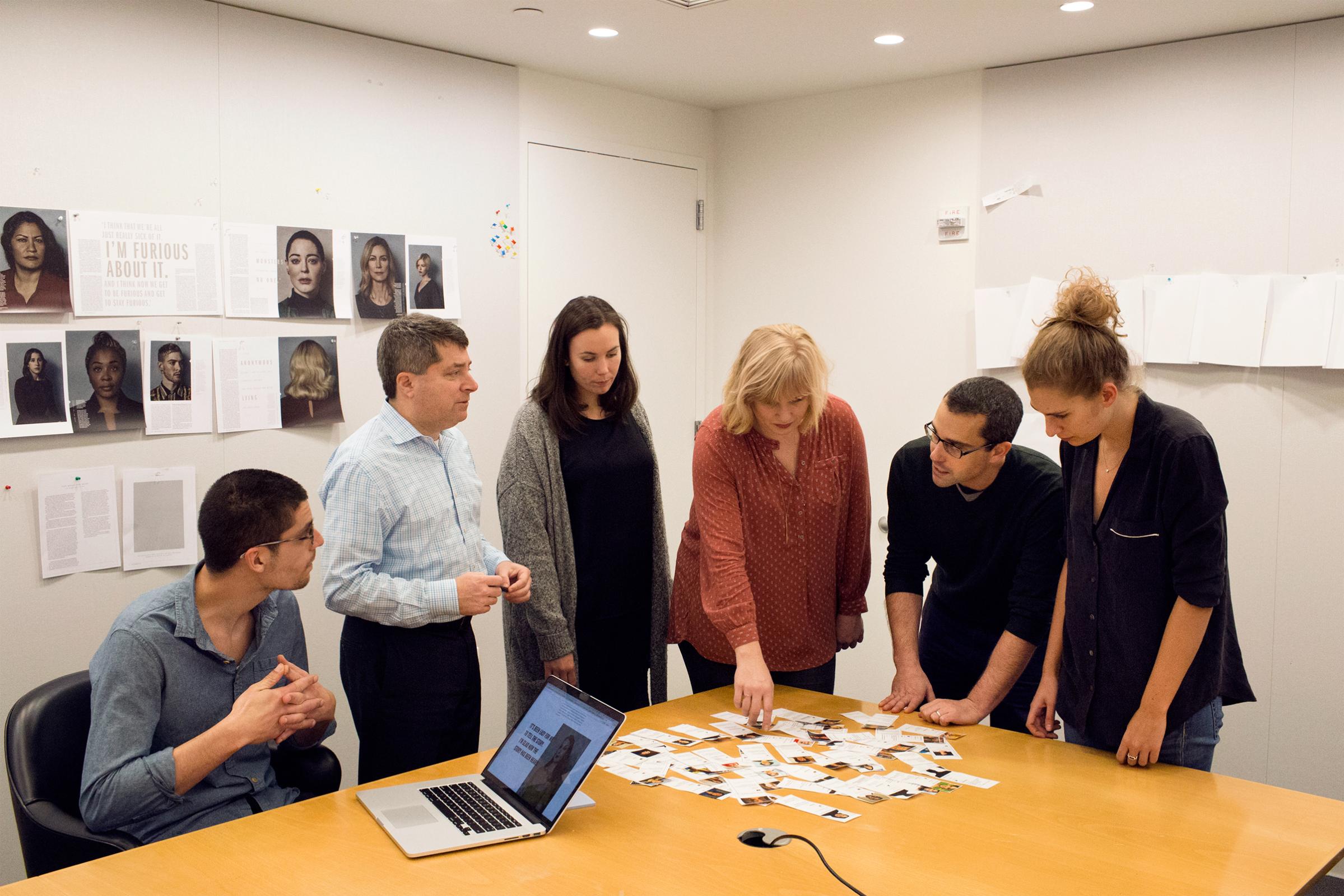 From left: senior engineer David Kofahl, editor-in-chief Edward Felsenthal, senior producer Tara Johnson, associate art director Chelsea Kardokus, assistant managing editor Ben Goldberger and writer Eliana Dockterman outlining the package in their second home, a secret conference room called “the bunker.”