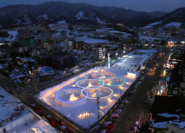 The Olympic Rings are illuminated in PyeongChang. The Asahi Shimbun via Getty Images. (The Asahi Shimbun via Getty Images.)