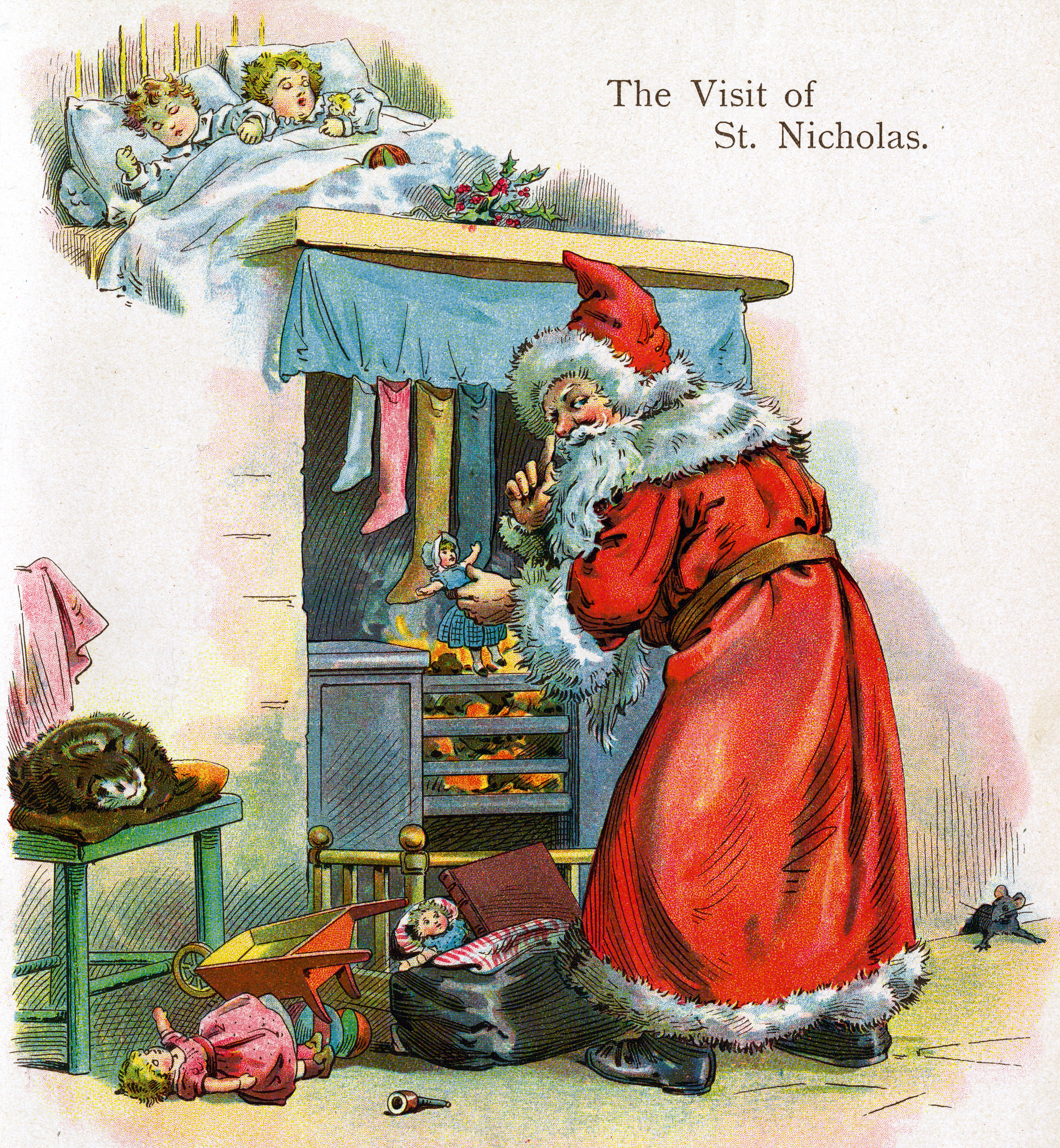 A lithographic book plate from one of McLoughlin's Christmas books shows Santa Claus by the chimney and was published in New York City in 1895. (Transcendental Graphics / Getty Images)
