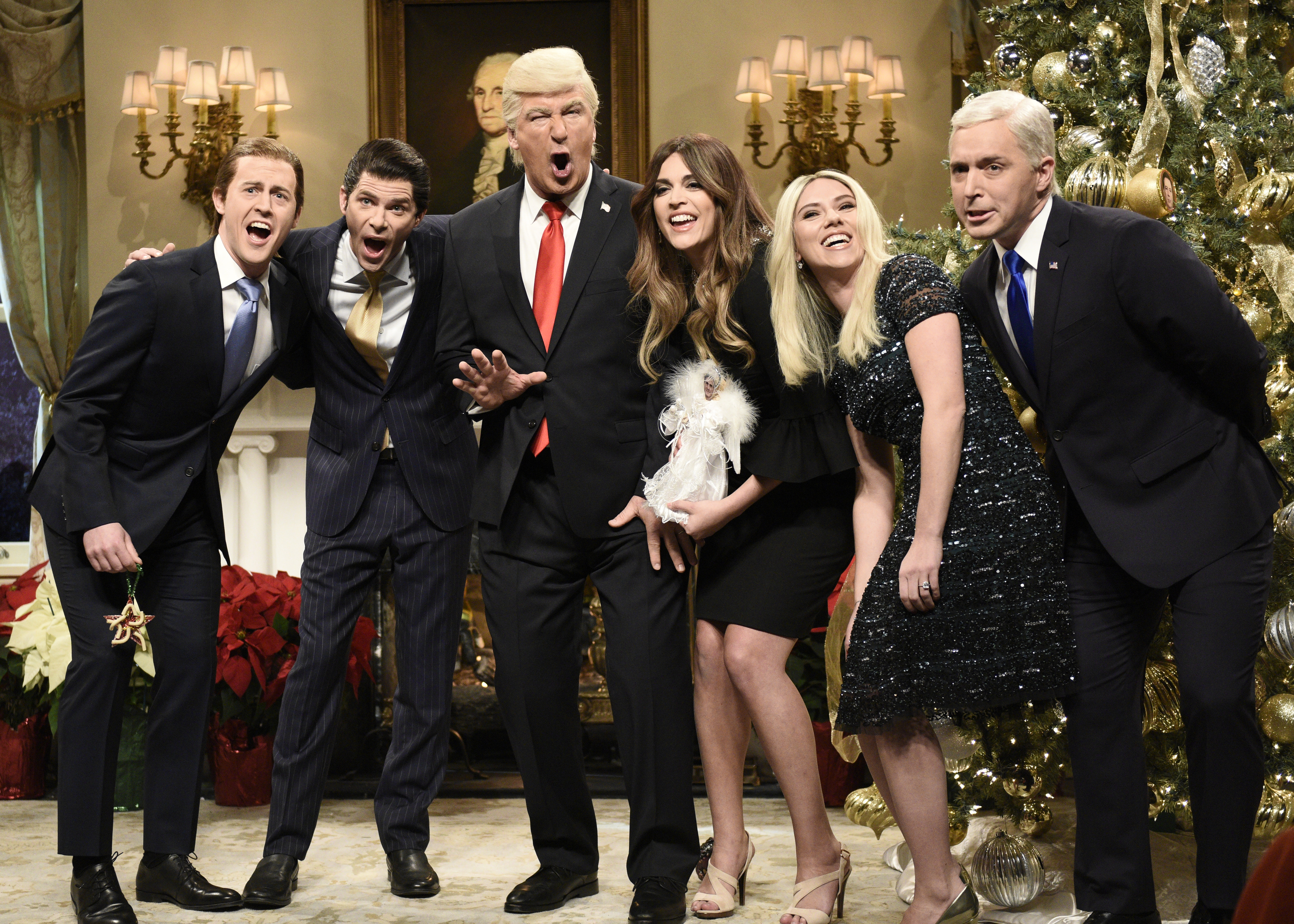 Alex Moffat as Eric Trump, Mikey Day as Donald Trump Jr., Alec Baldwin as President Donald Trump, Cecily Strong as First Lady Melania Trump, Scarlett Johansson as Ivanka Trump, and Beck Bennett as Vice President Mike Pence during "Saturday Night Live" on Dec. 16, 2017 (Will Heath—NBCU/Getty Images)