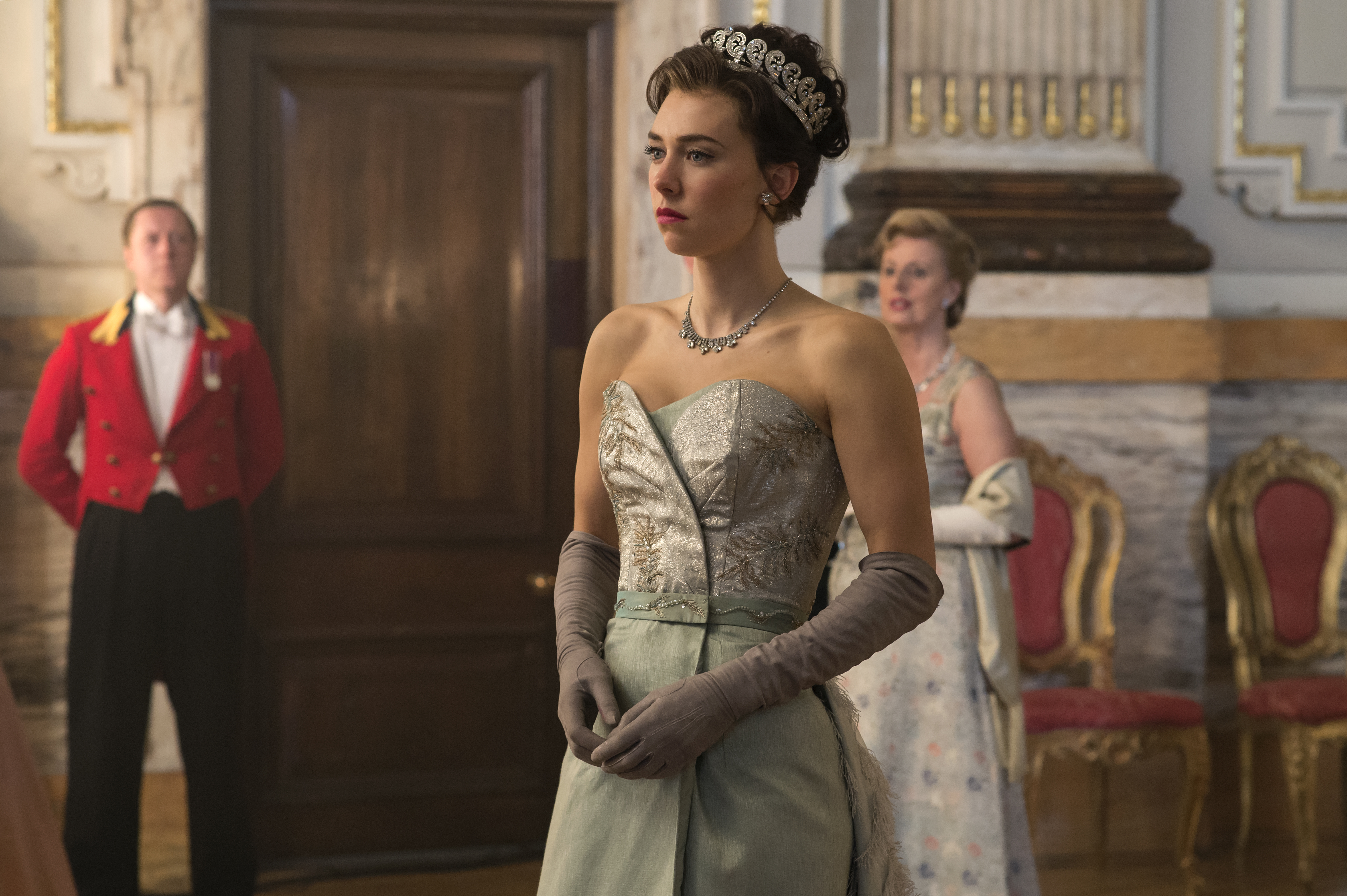 Princess Margaret at a celebration held in Queen Elizabeth II and Prince Philip's honour in The Crown. (Alex Bailey / Netflix)