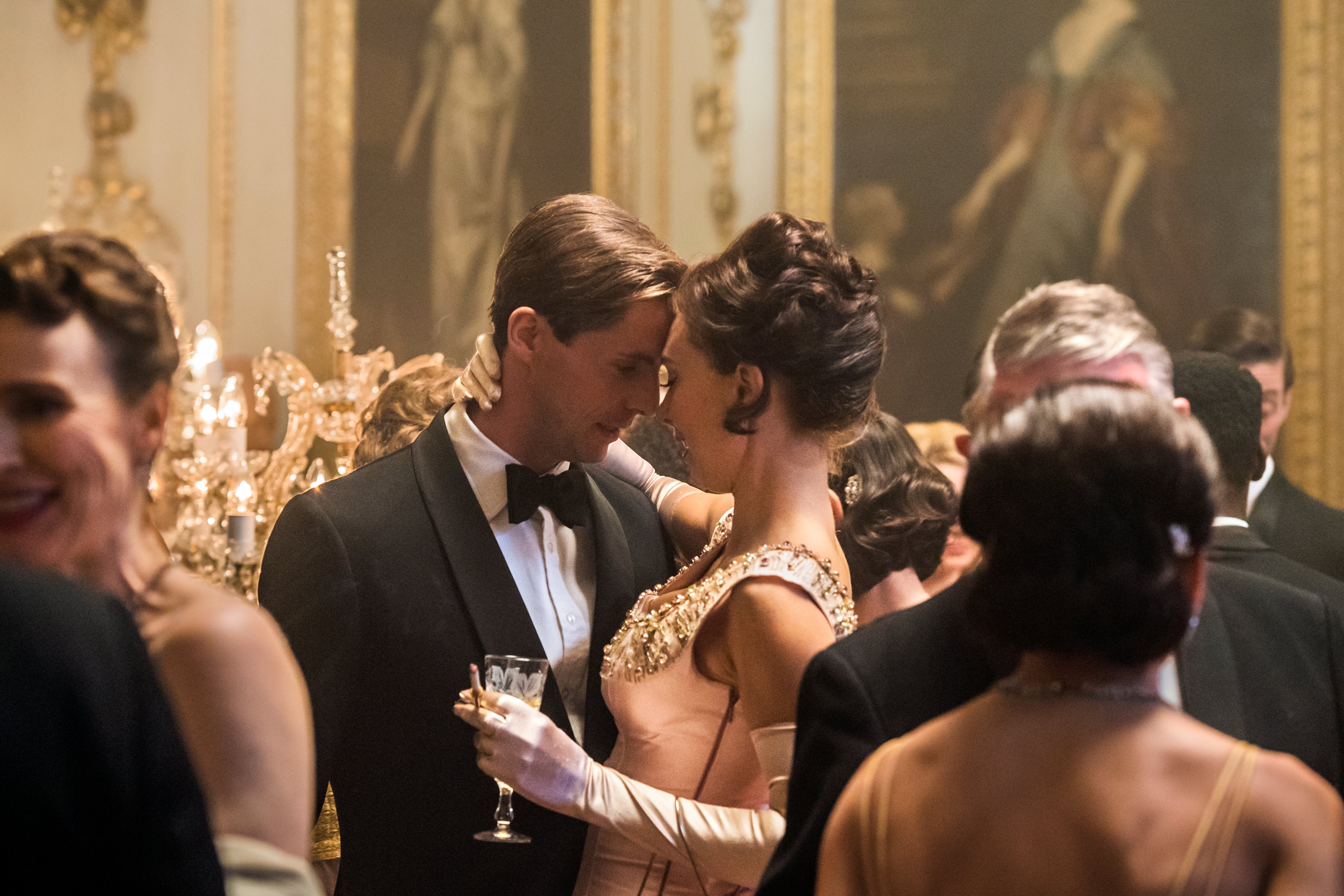 Antony Armstrong-Jones and Princess Margaret share a moment at their engagement party in The Crown. (Alex Bailey / Netflix)