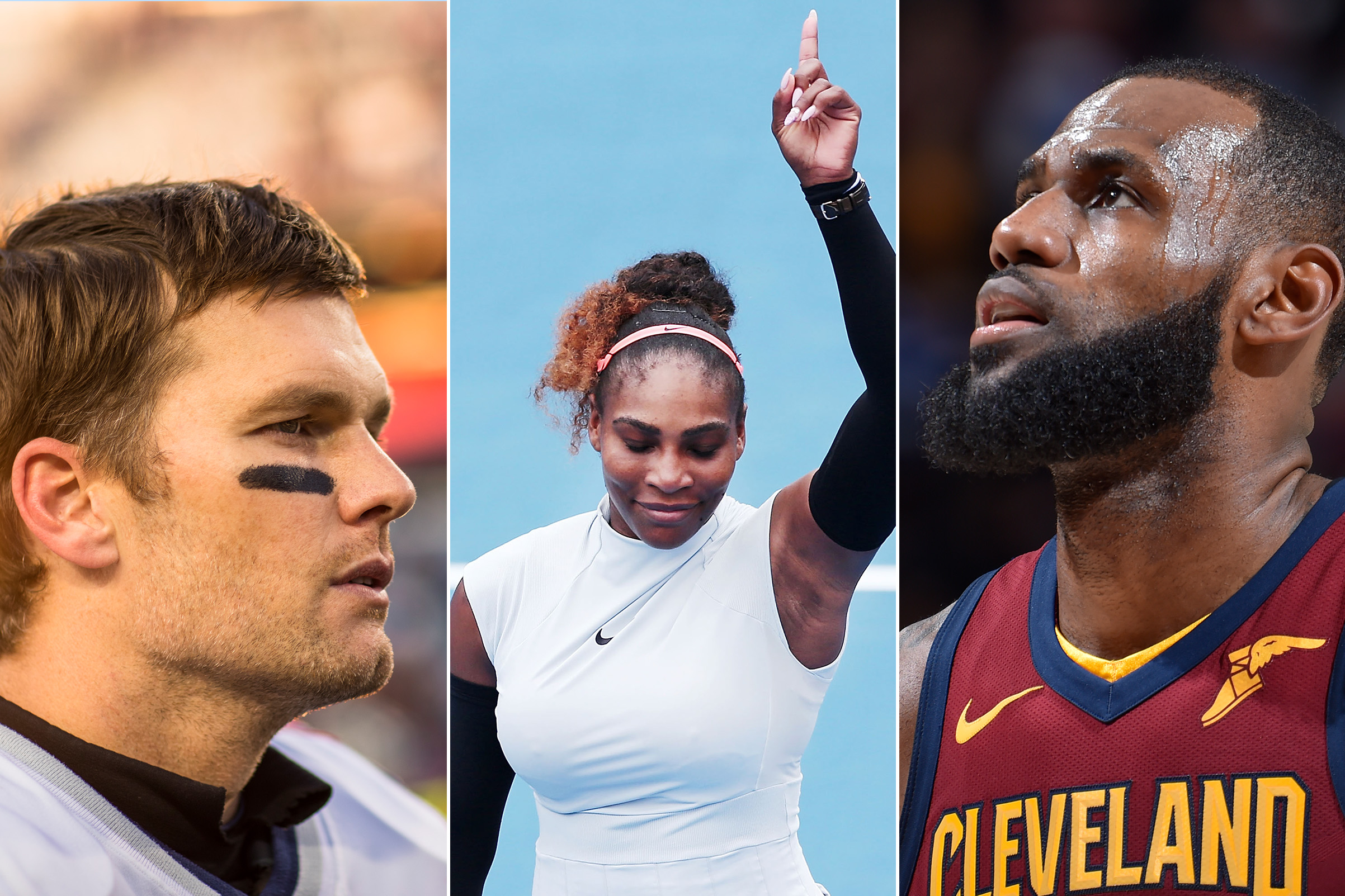 Tom Brady, Serena Williams and Lebron James. (Getty Images (3))