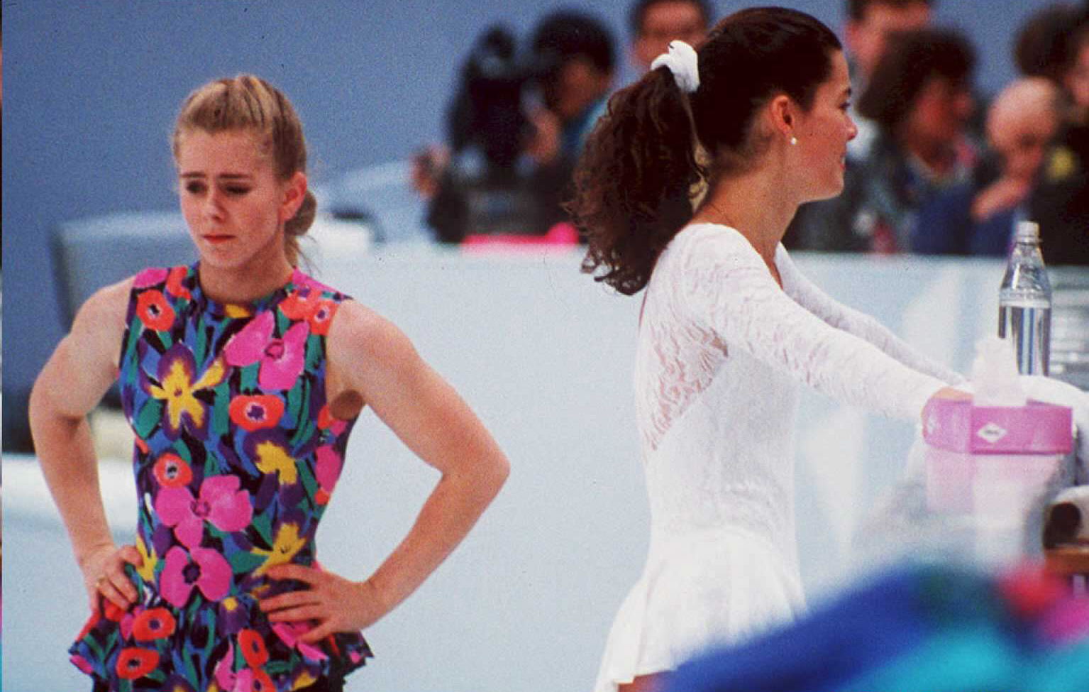 U.S. figure skaters Tonya Harding (L) and Nancy Kerrigan avoid each other during a training session on Feb. 17 in Hamar, Norway, during the 1994 Winter Olympics. (VINCENT ALMAVY&mdash;AFP/Getty Images)