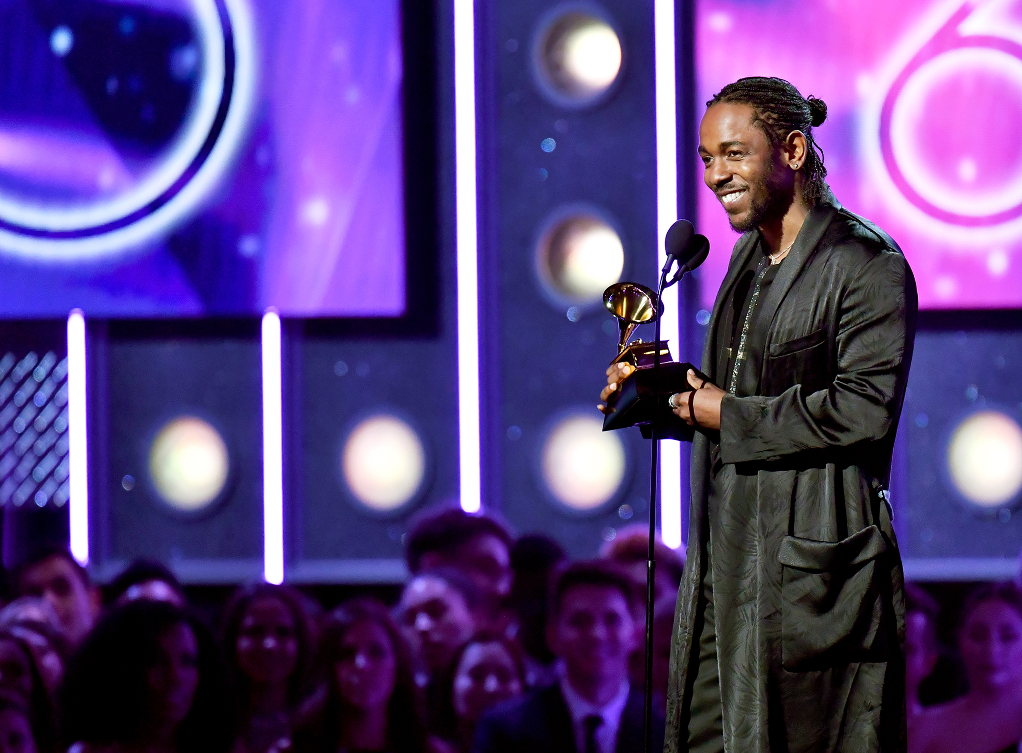 Recording artist Kendrick Lamar accepts award for Best Rap Album onstage during the 60th Annual Grammy Awards at Madison Square Garden on Jan. 28, 2018 in New York City.