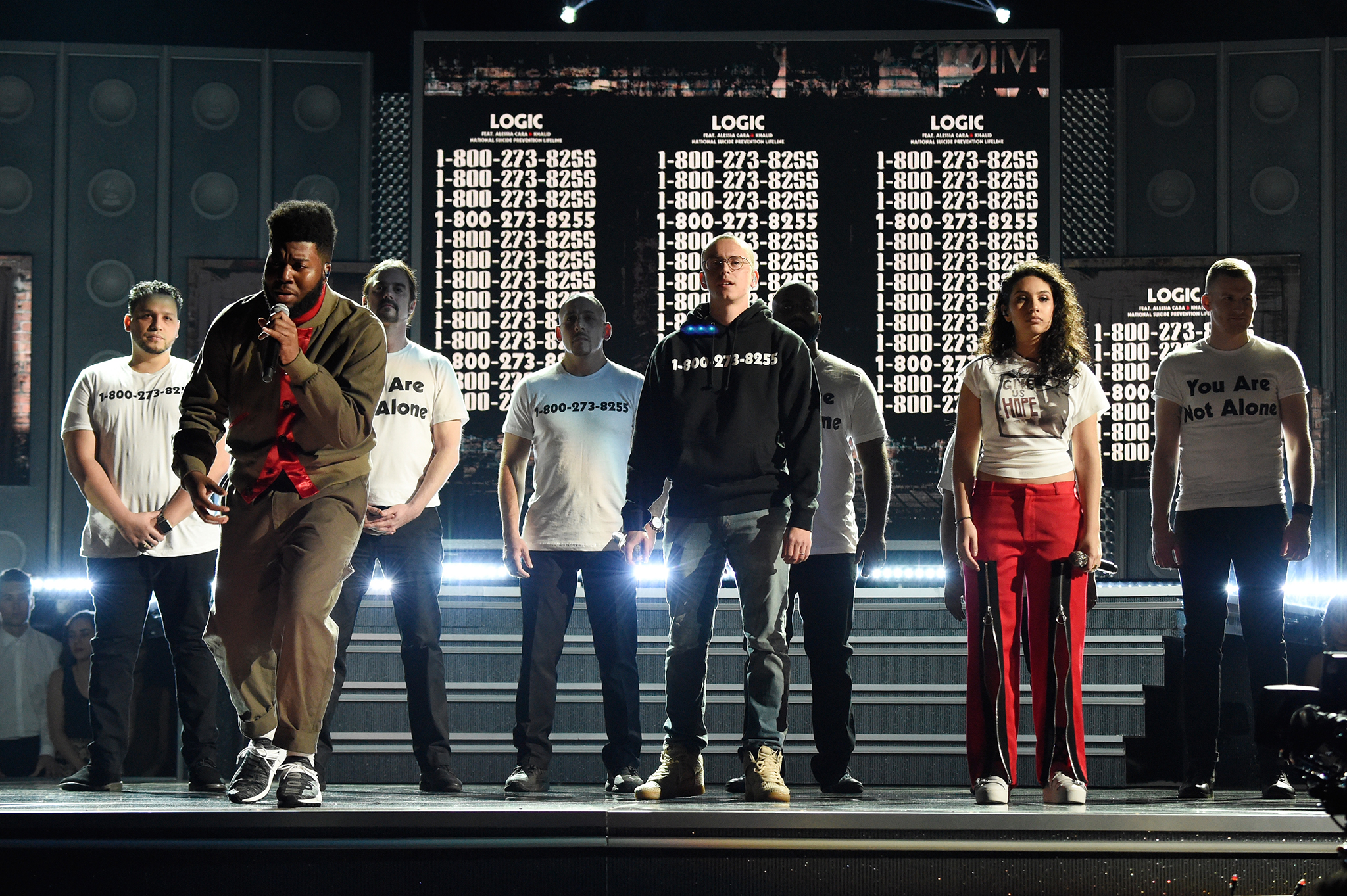 Recording artists Khalid, Logic and Alessia Cara perform onstage during the 60th Annual Grammy Awards at Madison Square Garden on Jan. 28, 2018 in New York City. (Kevin Mazur—NARAS/Getty Images)