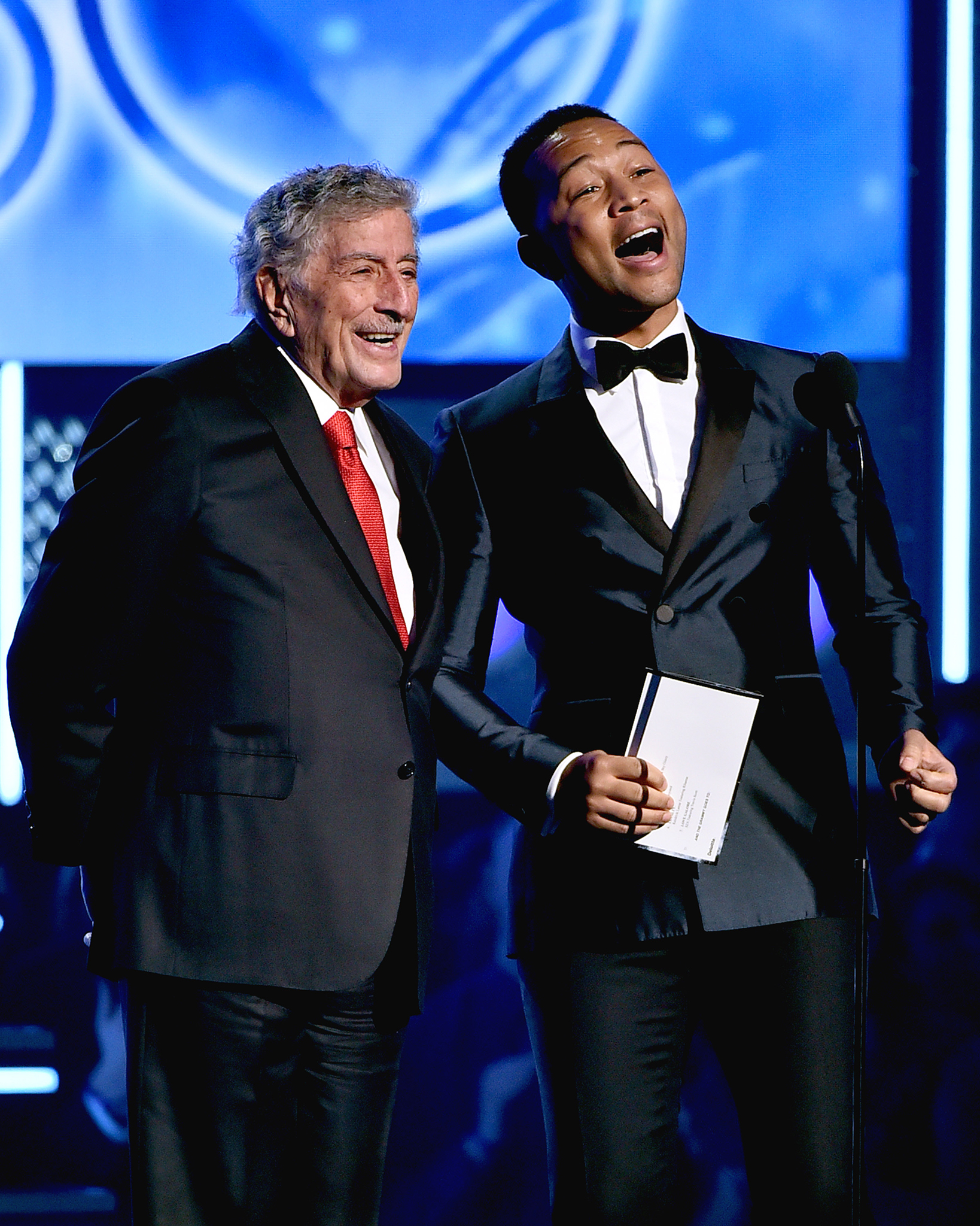 Recording artists Tony Bennett and John Legend speak onstage during the 60th Annual Grammy Awards at Madison Square Garden on Jan.28, 2018 in New York City.