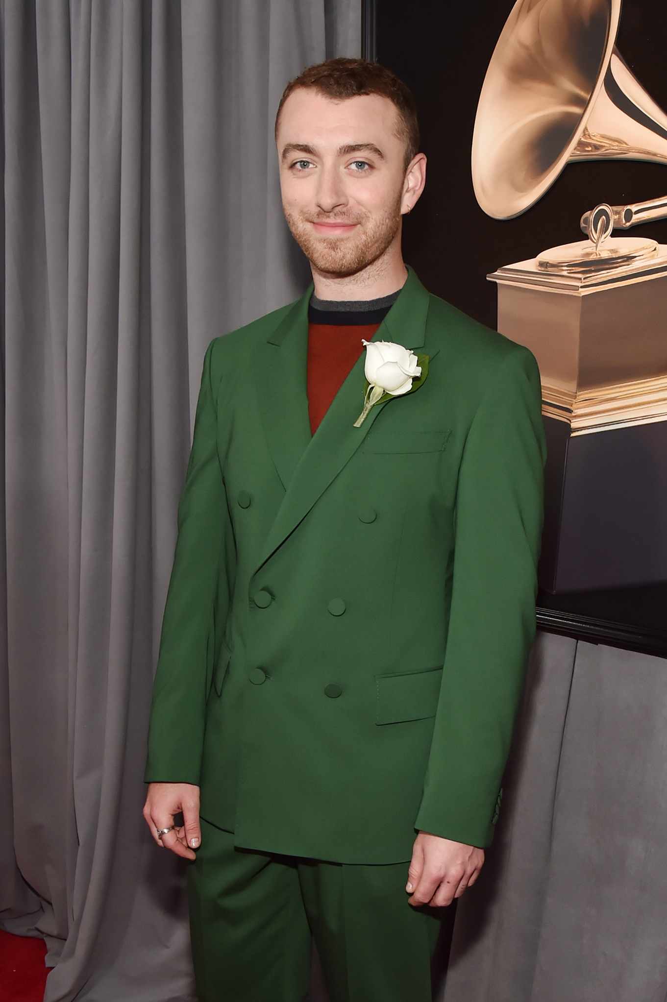 Recording artist Sam Smith, white rose detail, attends the 60th Annual GRAMMY Awards at Madison Square Garden on January 28, 2018 in New York City.