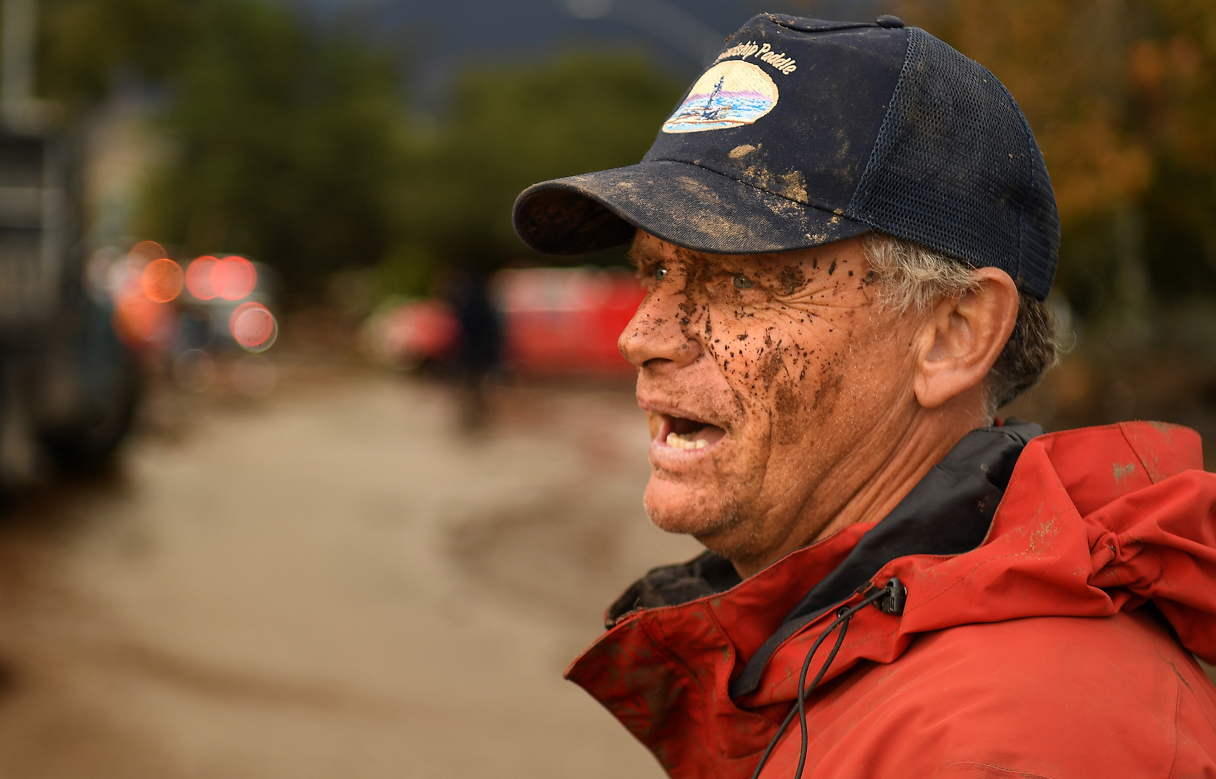 A muddy Mark Olson stands along Olive Mill Road in Montecito after trying to save his house after a major storm hit the burn area Tuesday January 9, 2018 in Montecito, California. (Wally Skalij&mdash;LA Times via Getty Images)