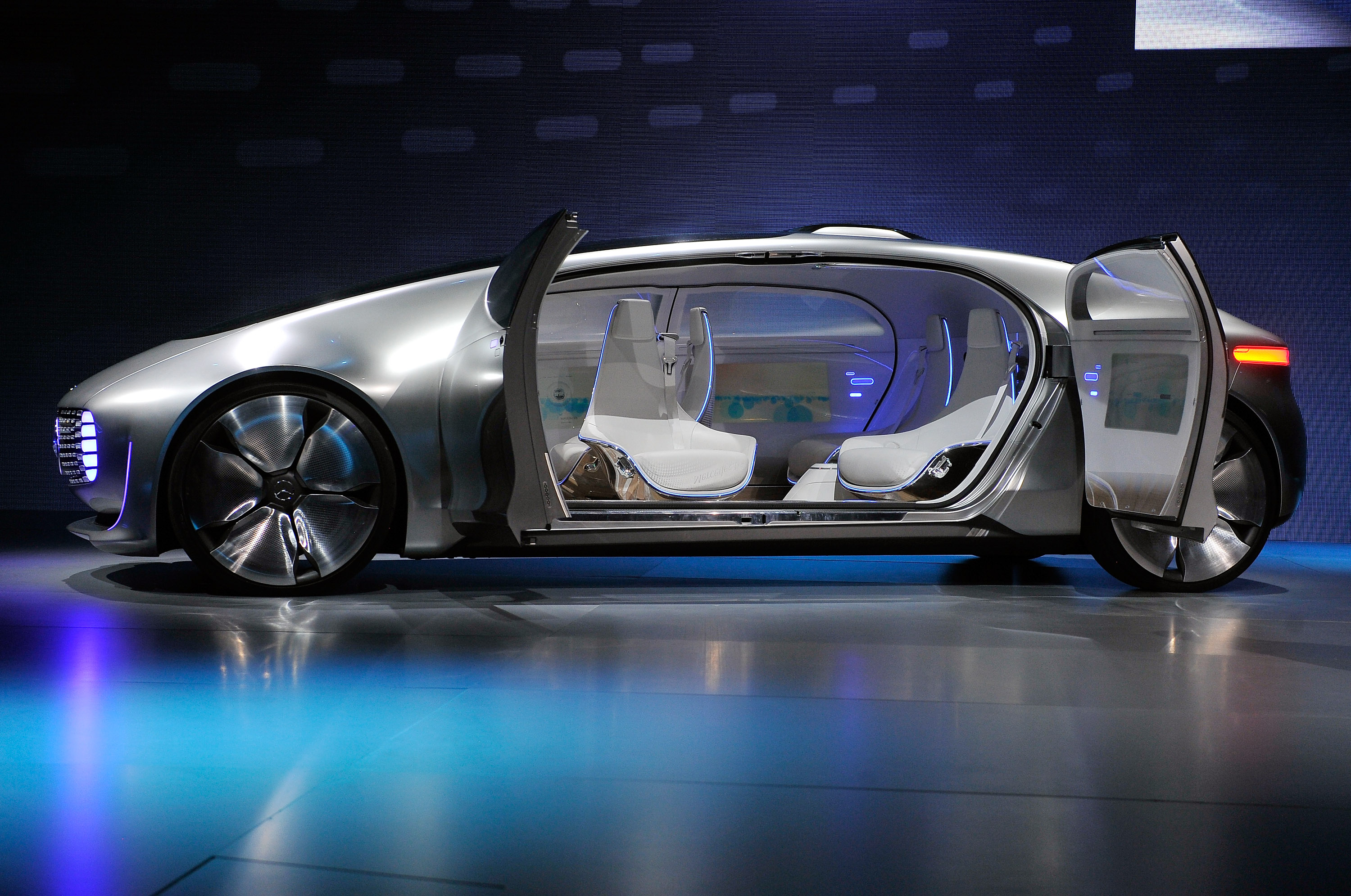 A Mercedes-Benz  F 015 autonomous driving automobile is displayed at the Mercedes-Benz press event at The Chelsea at The Cosmopolitan of Las Vegas for the 2015 International CES on January 5, 2015 in Las Vegas, Nevada. attendees.  (Photo by David Becker/Getty Images) (David Becker—Getty Images)