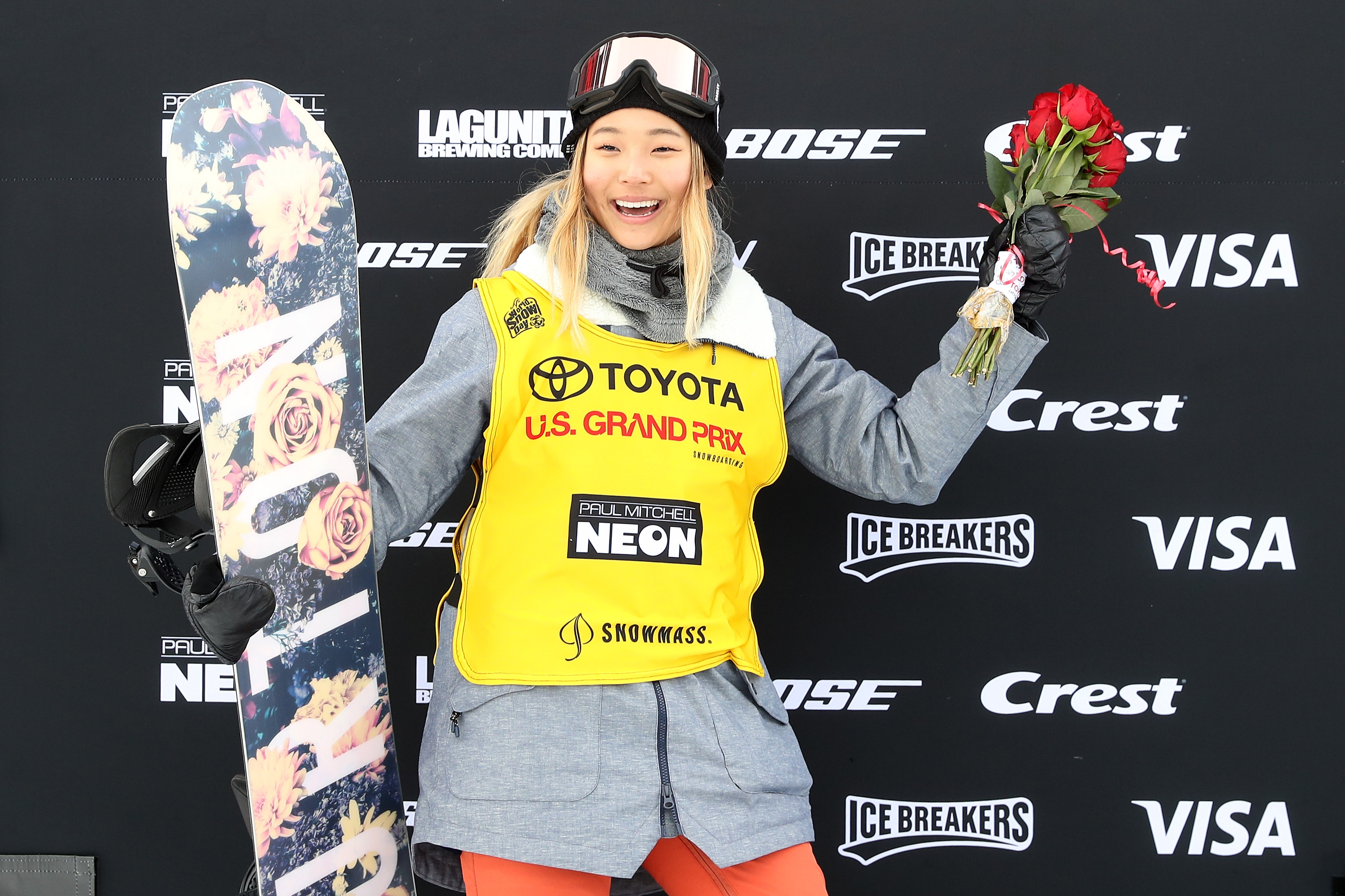 Chloe Kim #1 poses for photographers wearing her FIS points leader's bib after the Ladies Snowboard Halfpipe final during the Toyota U.S. Grand Prix on January 13, 2018 in Snowmass, Colorado. (Matthew Stockman—Getty Images)